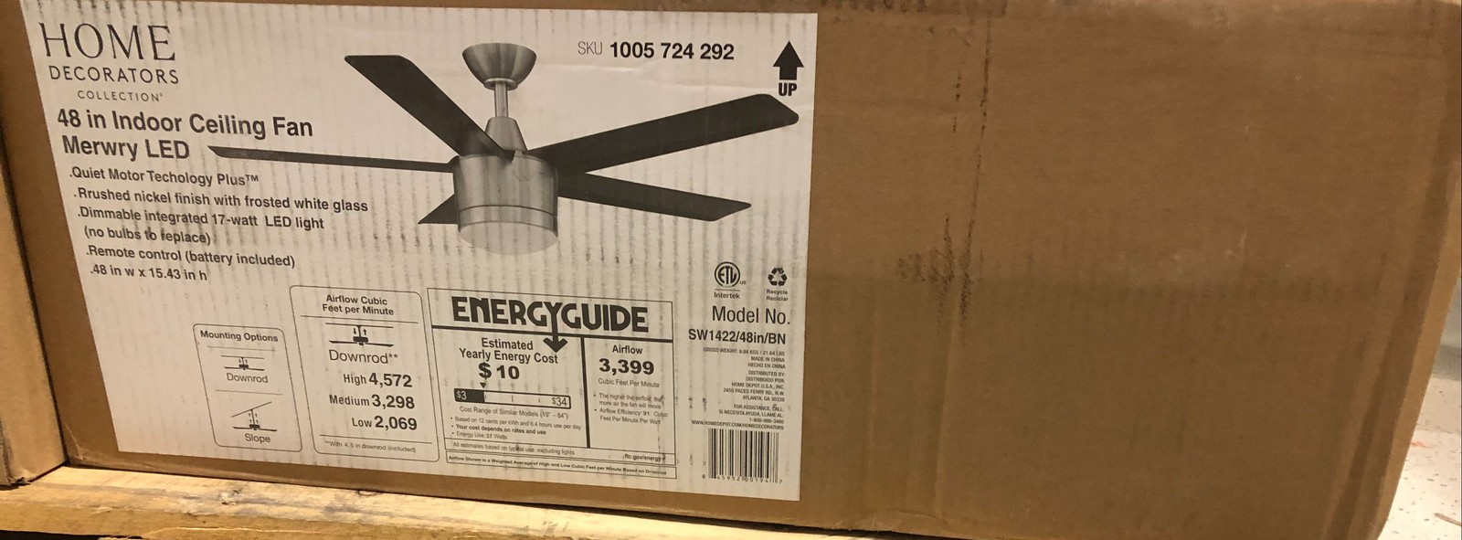 Home Decorators Merwry 48 inch Integrated LED Brushed Nickel Ceiling Fan New