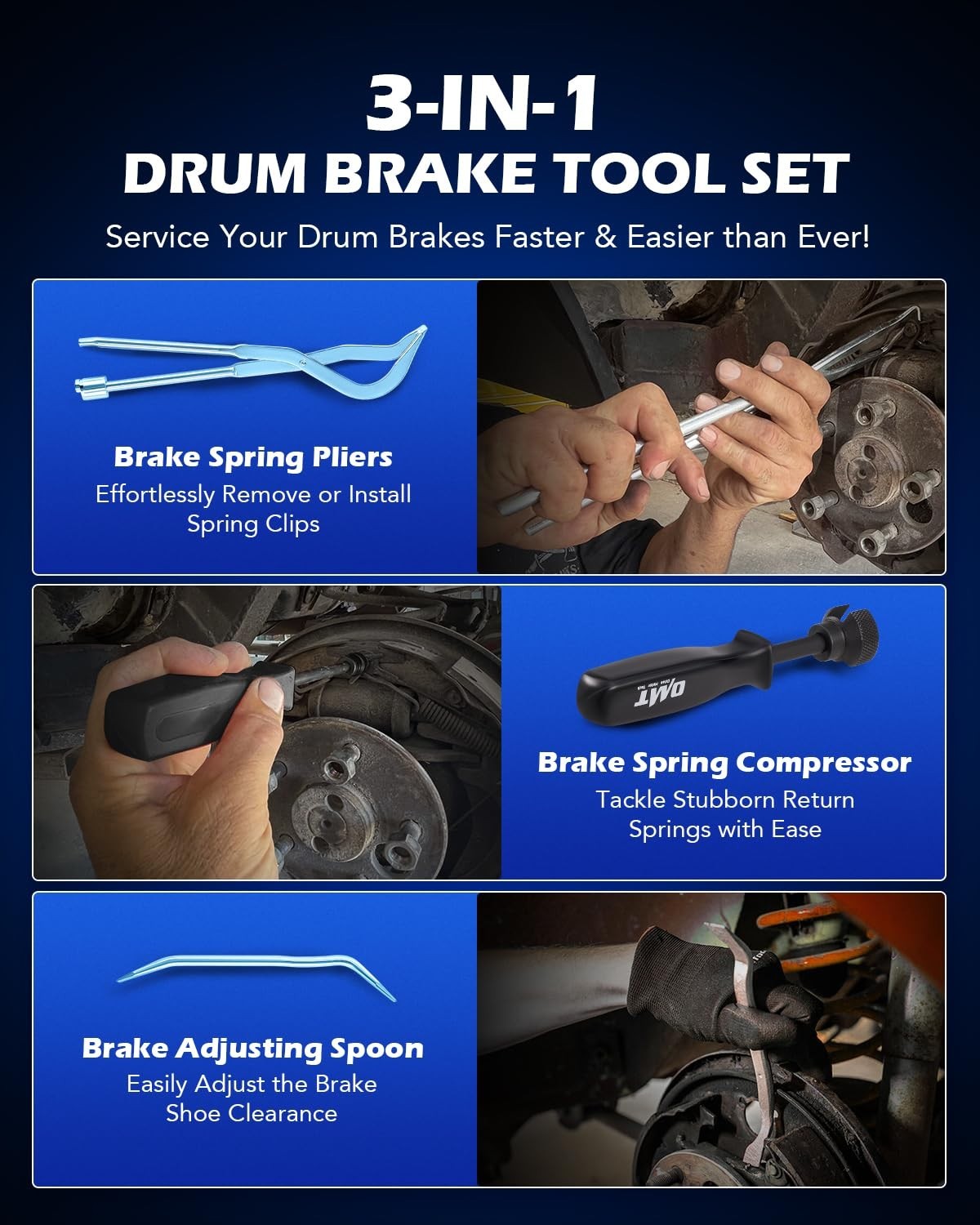 3-Piece Drum Brake Tool Kit - Brake Spring Compressor, Pliers & Spoon Set