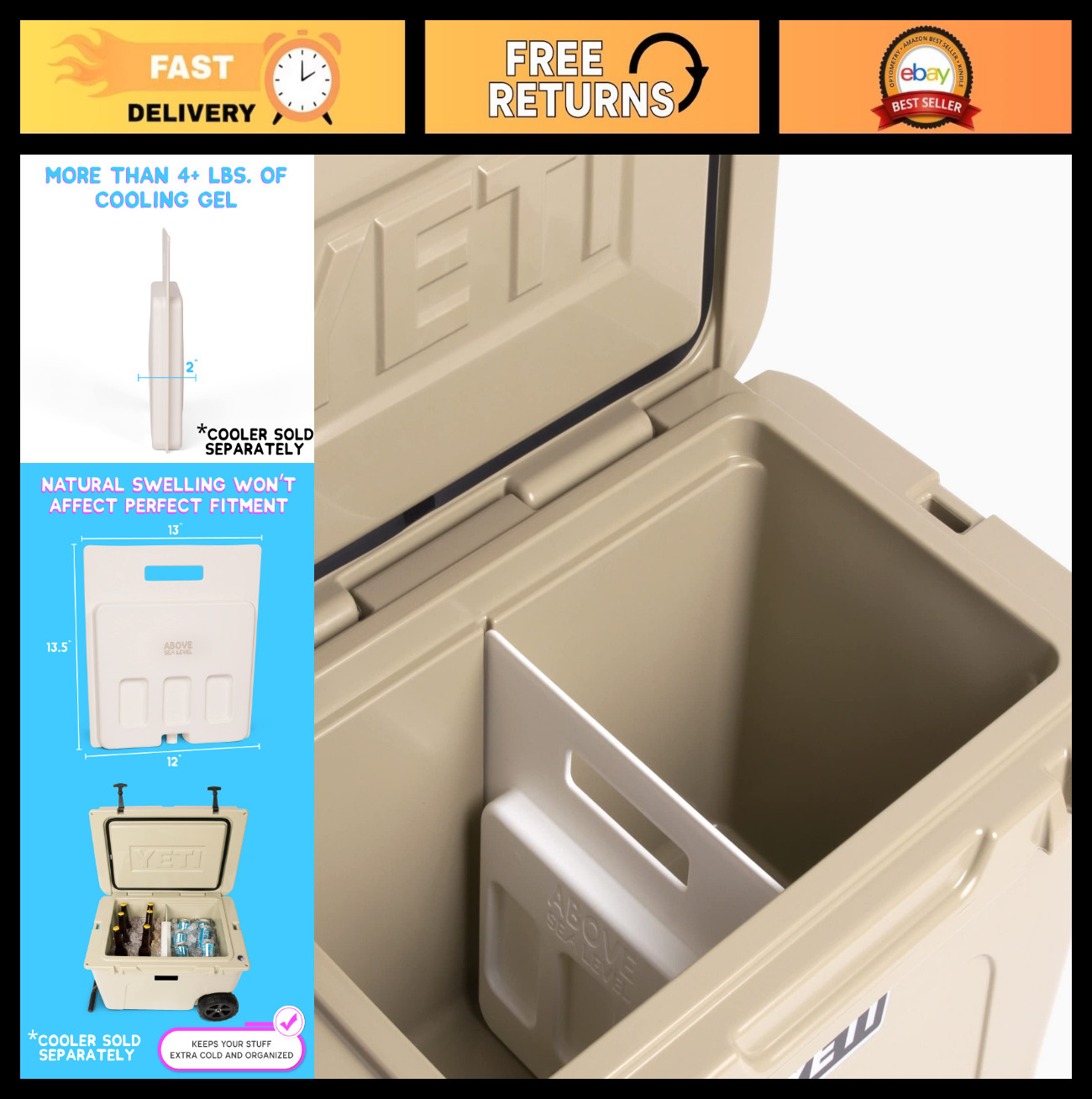 Ice Pack Divider for YETI Coolers - Fits Tundra Haul, 35, 45, 65, Roadie 48, 60