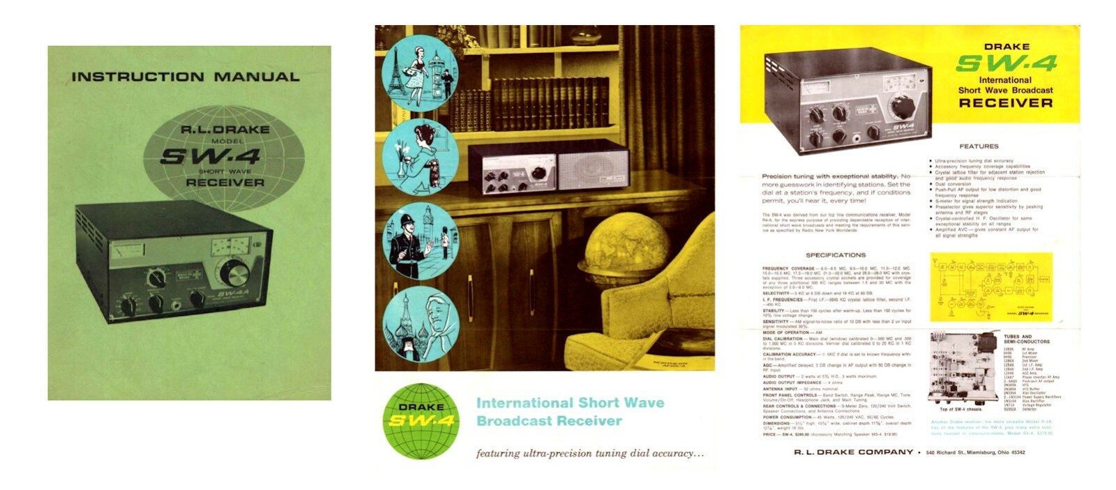 DRAKE SW-4 SHORTWAVE RADIO OPERATING MANUAL + COLOR BROCHURES