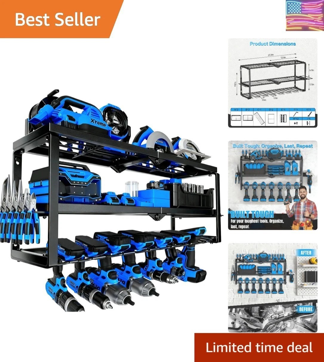 Heavy Duty Power Tool Organizer Wall Mount - 3 Tier Metal Tool Rack with 7 Dr...
