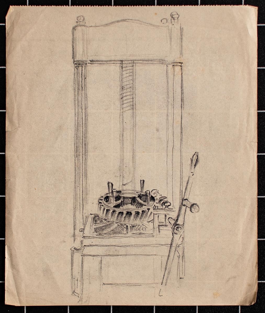Wilhelm Danz printing press detail study unique pencil drawing 29th century
