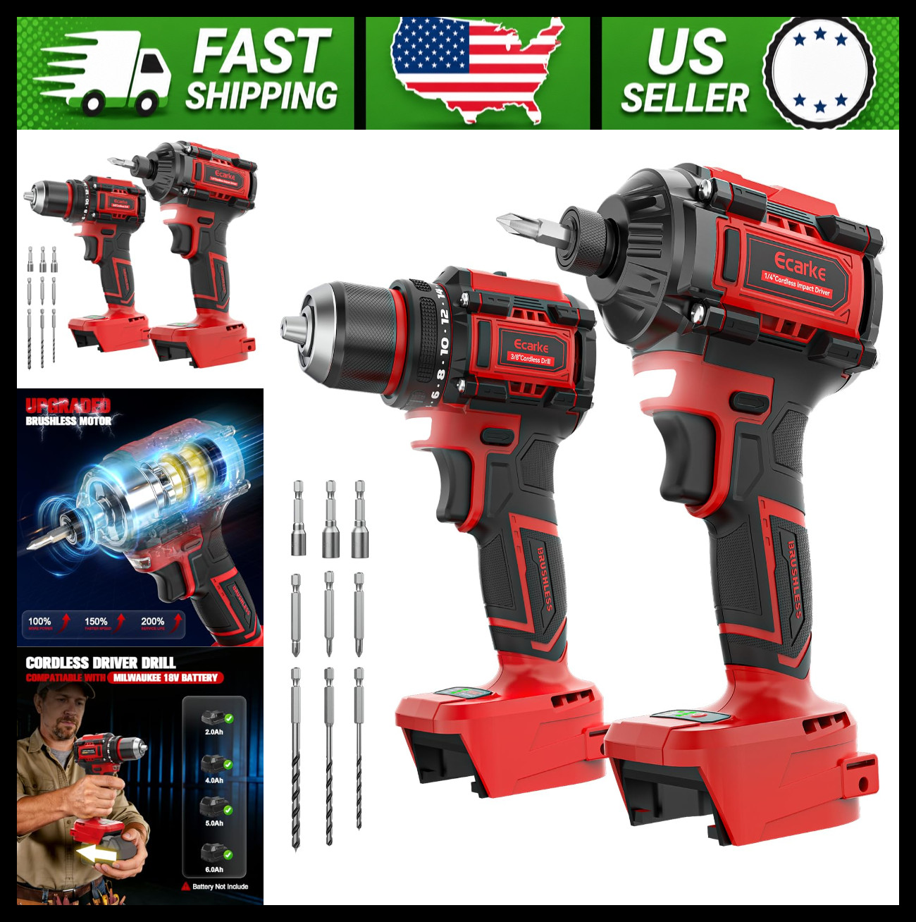 Ecarke Cordless Drill and Impact Driver Combo Kit for Milwaukee 18V Battery