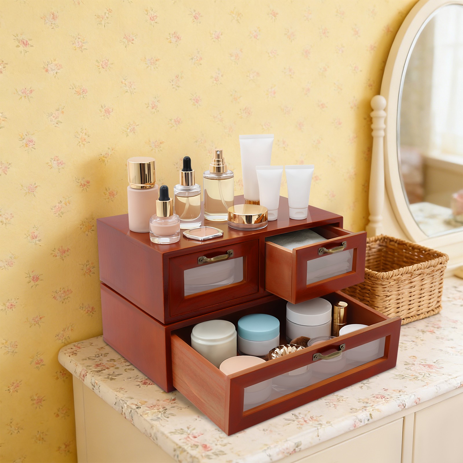 Desktop Storage Cabinet with 3 Drawers Wooden Box Organizer Stackable Brown