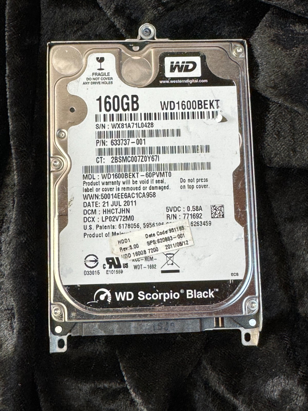 Western Digital Laptop Hard Drive 160GB WD1600BEKT 3Gbps 7.2K SATA 2.5"