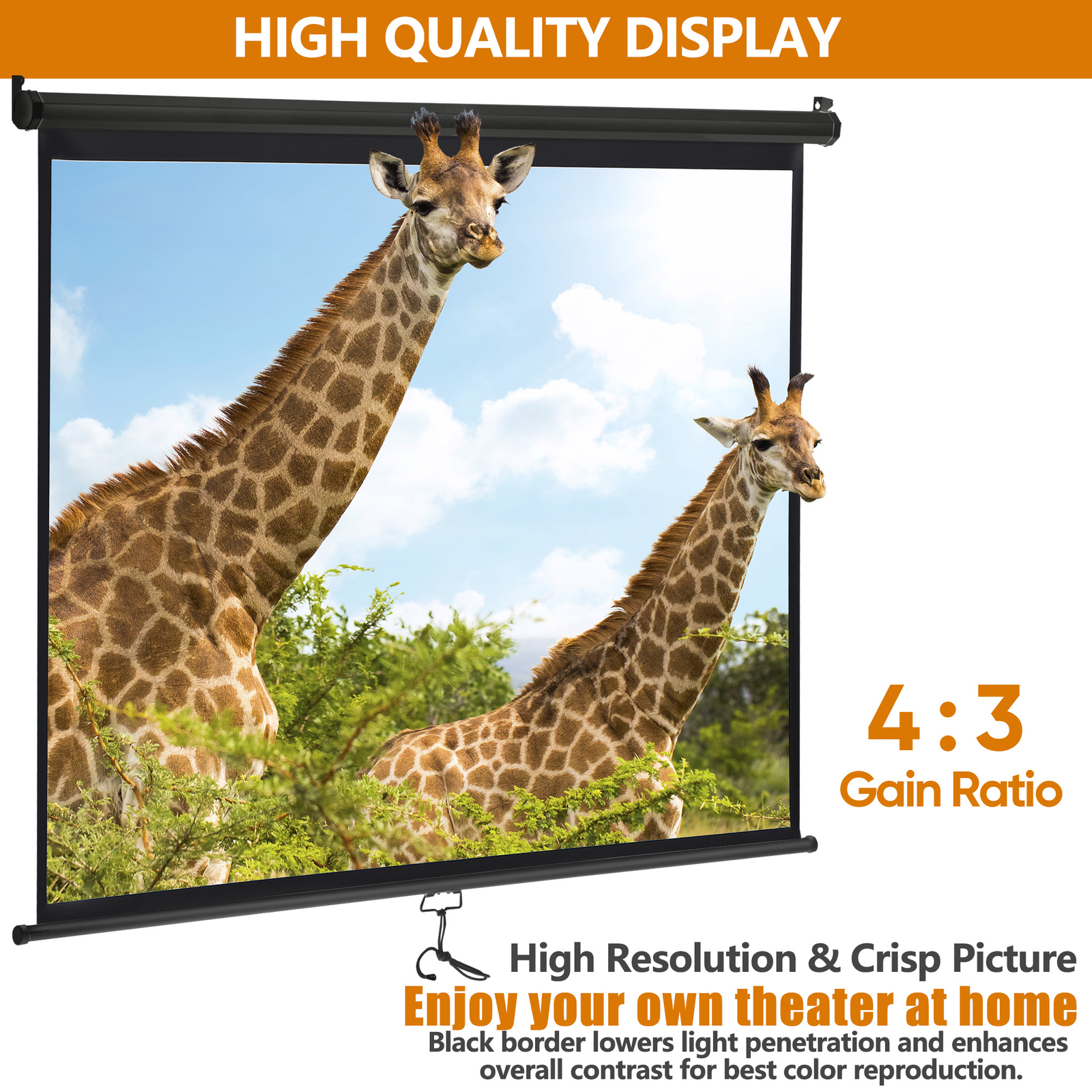 72" Black Movie Projection Screen for Outdoor Indoor 4:3 Foldable 160° Viewing