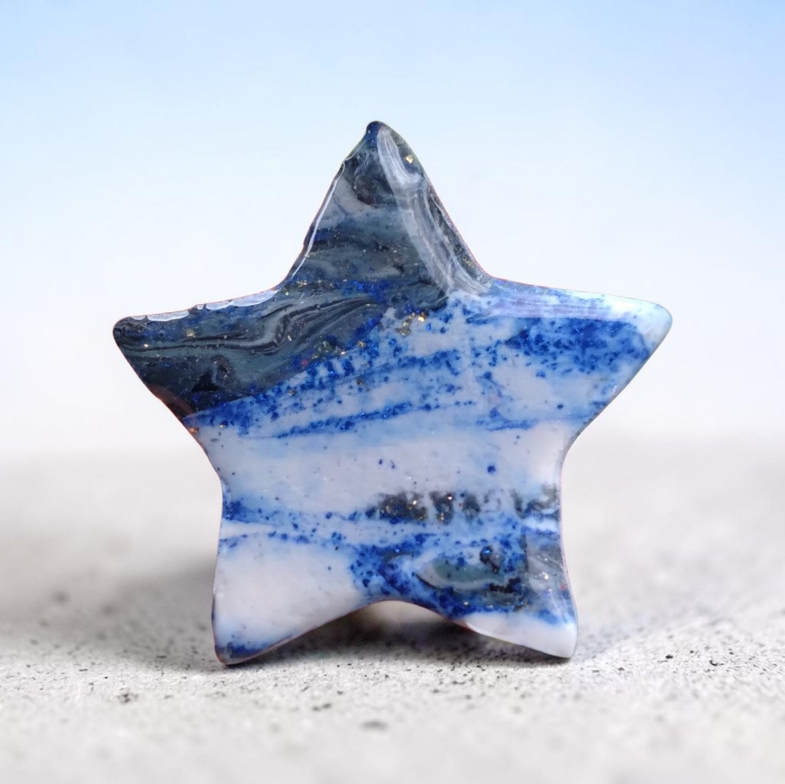 Handcrafted Gold Adjustable Polymer Clay Ring Blue White Marbled Star