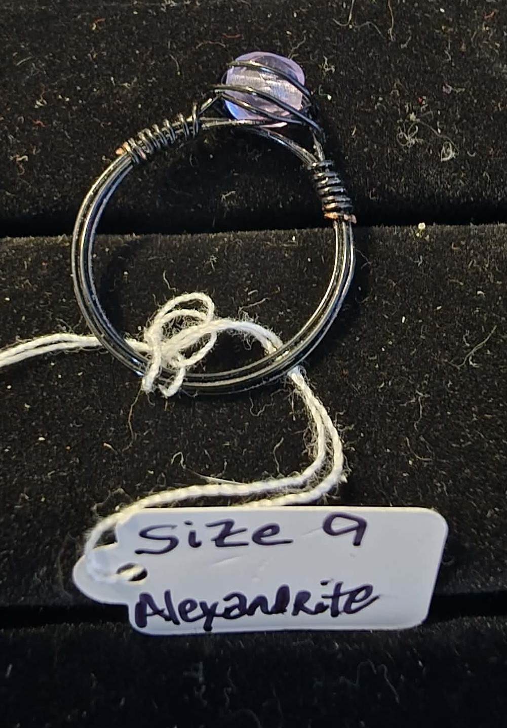 Handmade size 9 wire-wrapped alexandrite rings with hematite colored wire