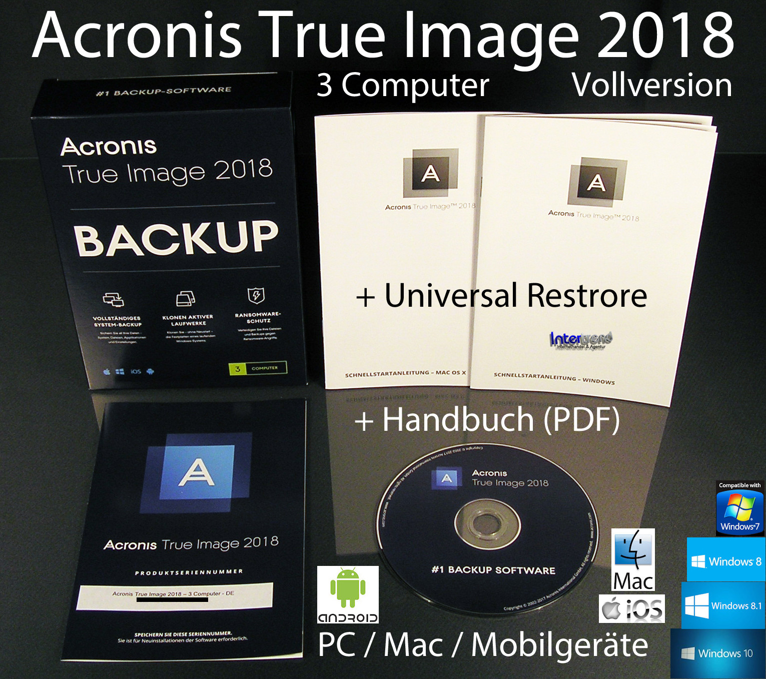 Acronis True Image 2018 Full Version 3 PC/Mac Box, CD + Universal Restore Original Packaging NEW