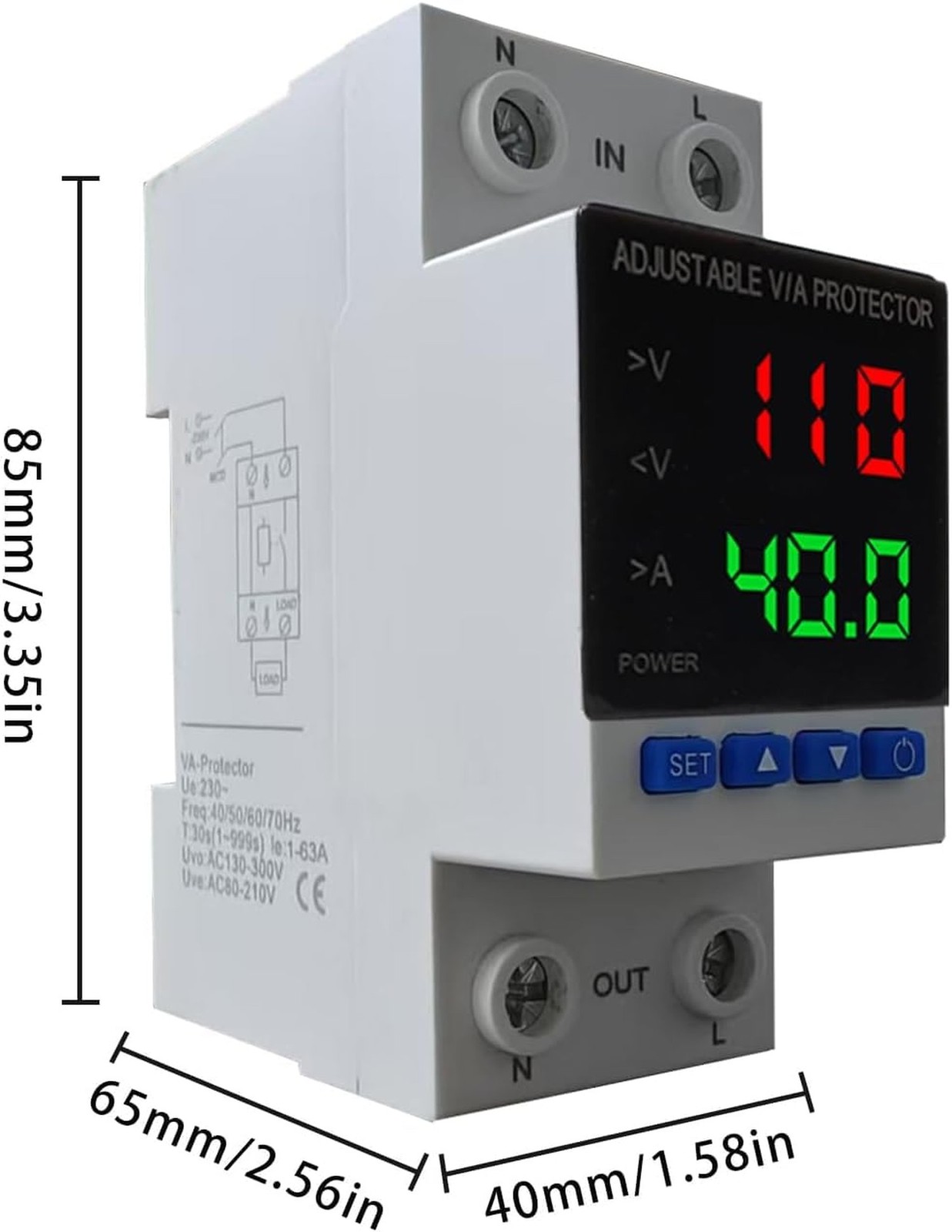 Smart Voltage Protector, 1-40A Adjustable 110V/220V DIN Rail Mount Circuit Br...