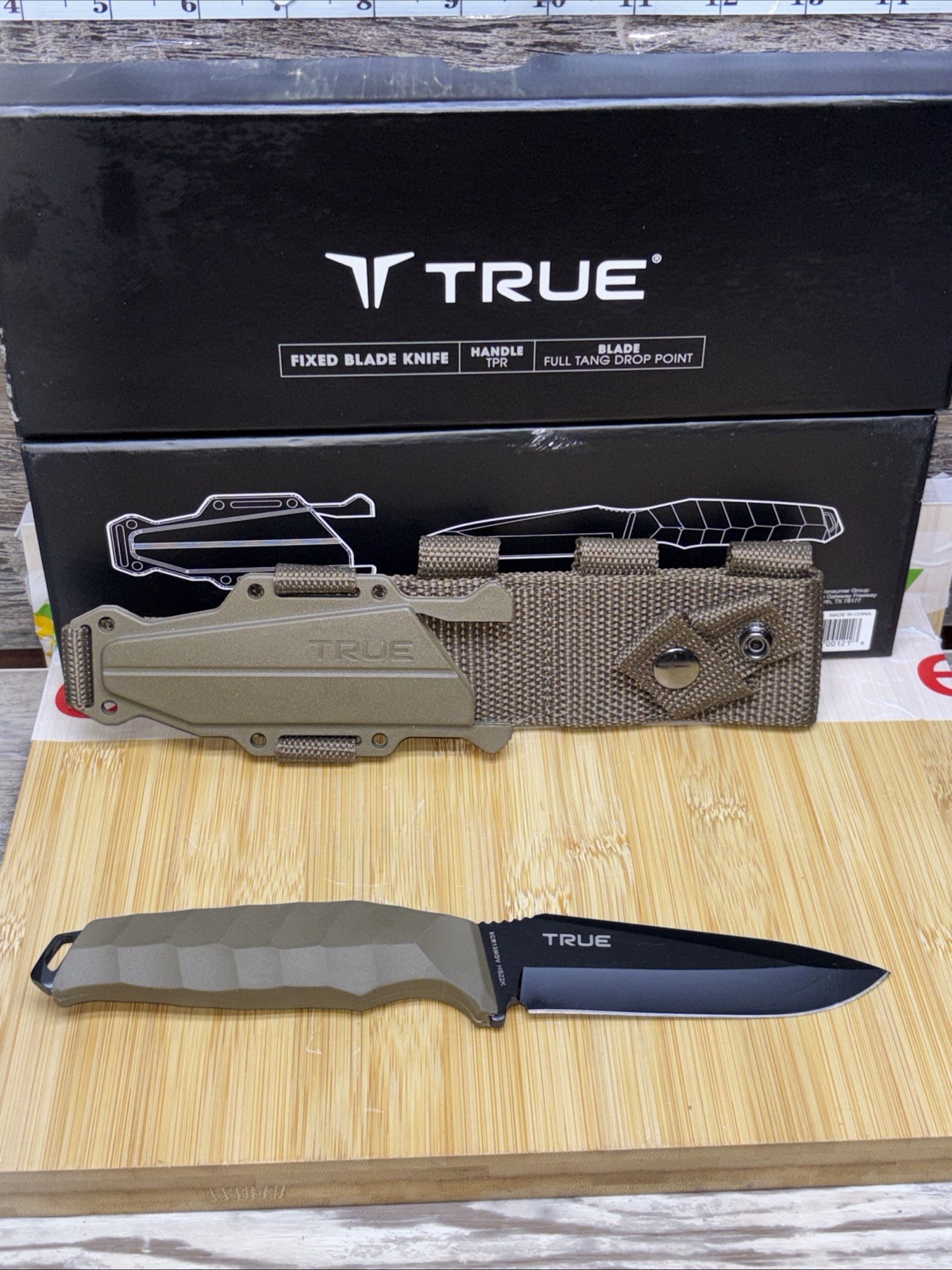 TRUE Fixed Blade 4 Inch Drop Point Blade Task Knife / Black with molded sheath