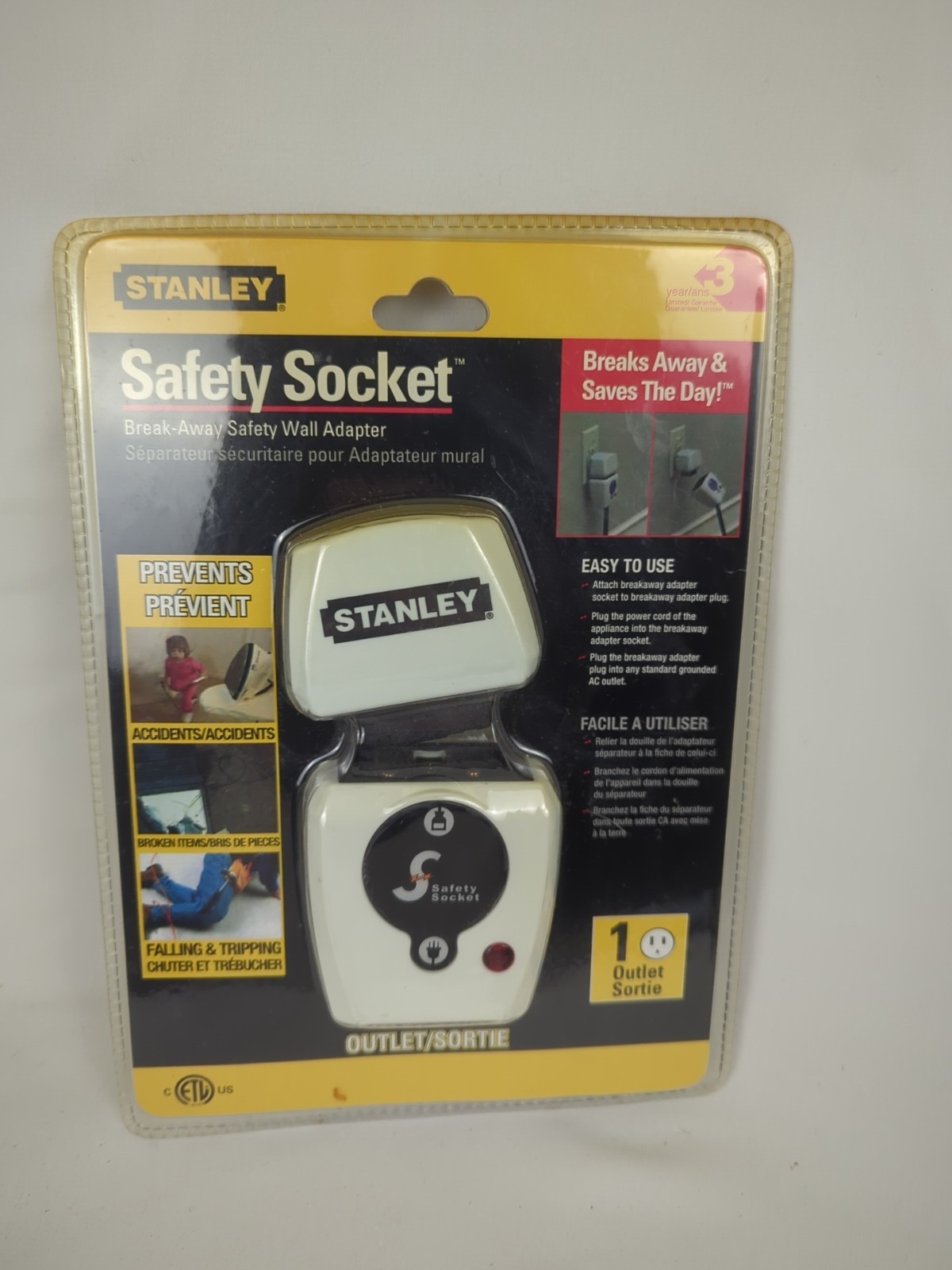 Stanley Security Safety Socket Break Away Safety Wall Adapter, New & Sealed