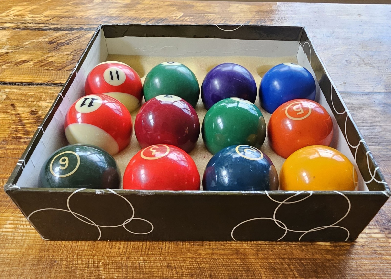 12 Vtg Pool Balls + Box | Ringed & Serif Fonts | Mid-Century Billiard Craft Lot