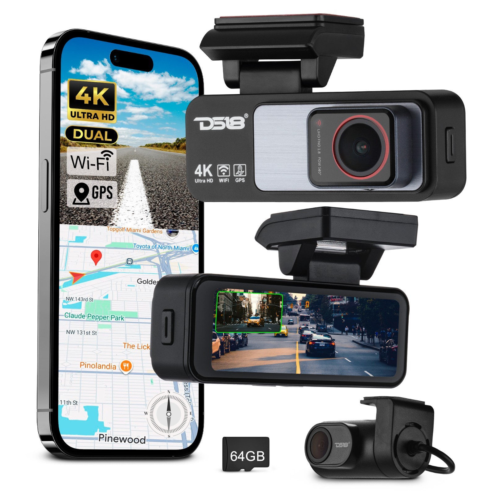 DS18 4K Dual Dash Cam with Wi-Fi, GPS, Parking Monitor, and 3.2” IPS Display