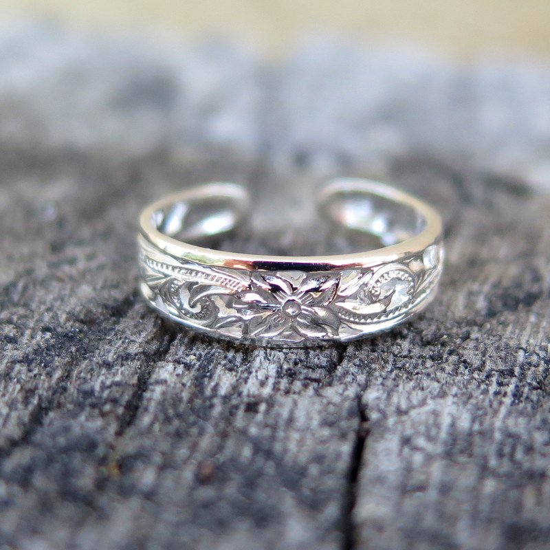 Hawaii Design Sterling 925K Silver Plumeria Flower Scroll Toe Ring 3mm TR1071