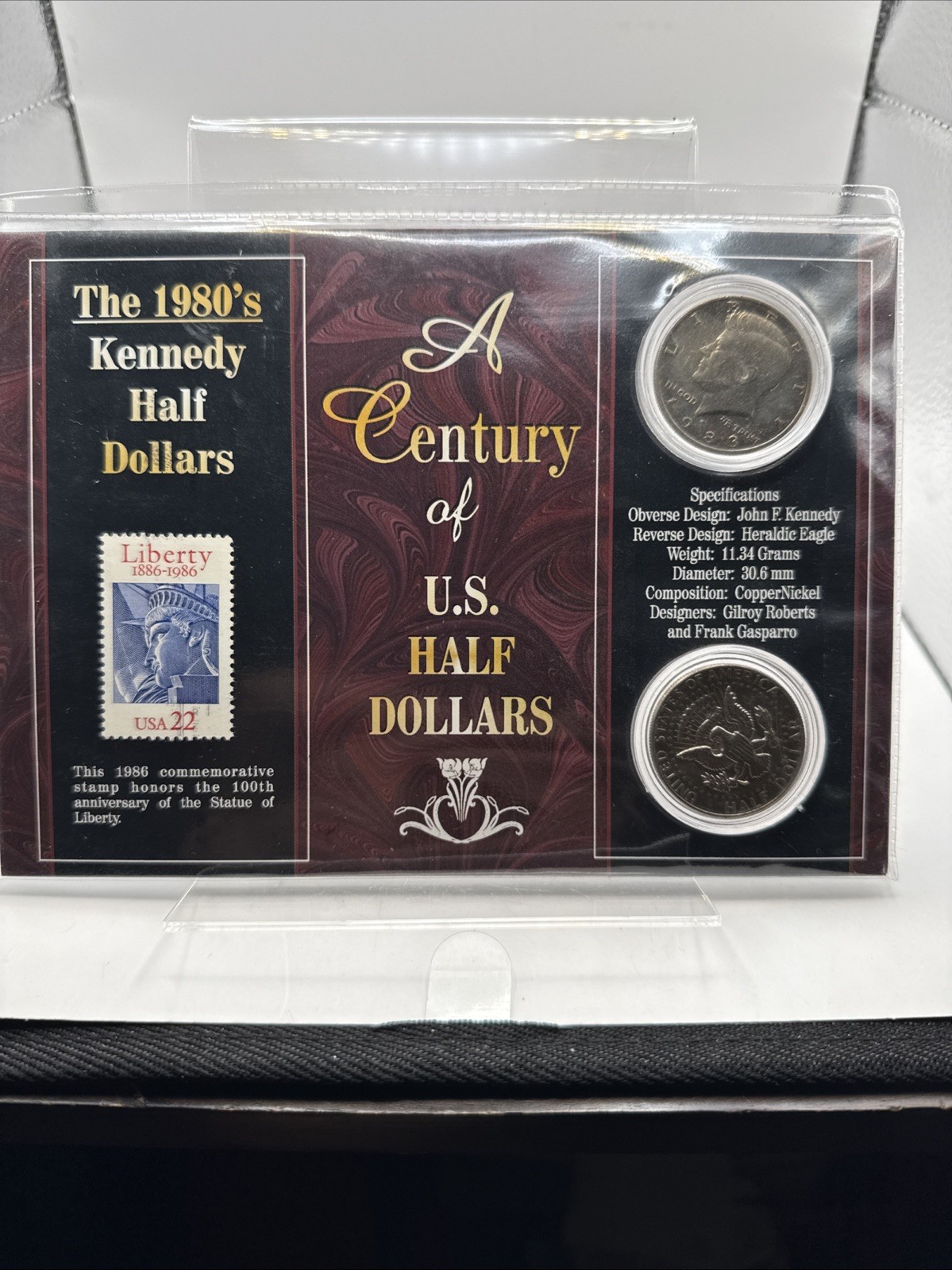 A Century of  Kennedy Half Dollar 1980's w/COA 2 1983 50c Pieces 22c Stamp 1986