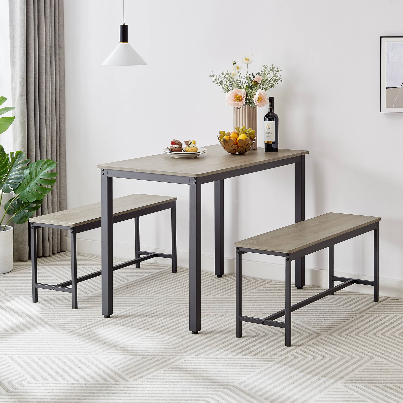 Dining Table Set for 4, Bar Table with 2 Dining Benches, Kitchen Table Counter