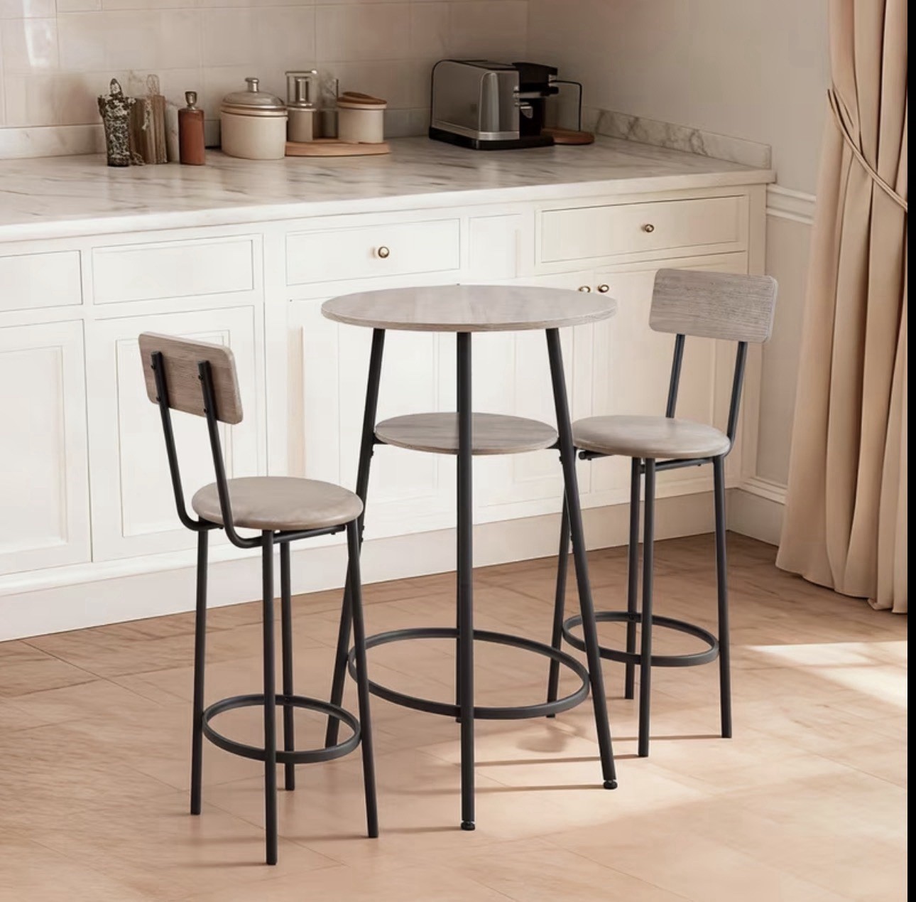 3-Piece Cream Wood and Black Metal Bistro Set - Home Dining