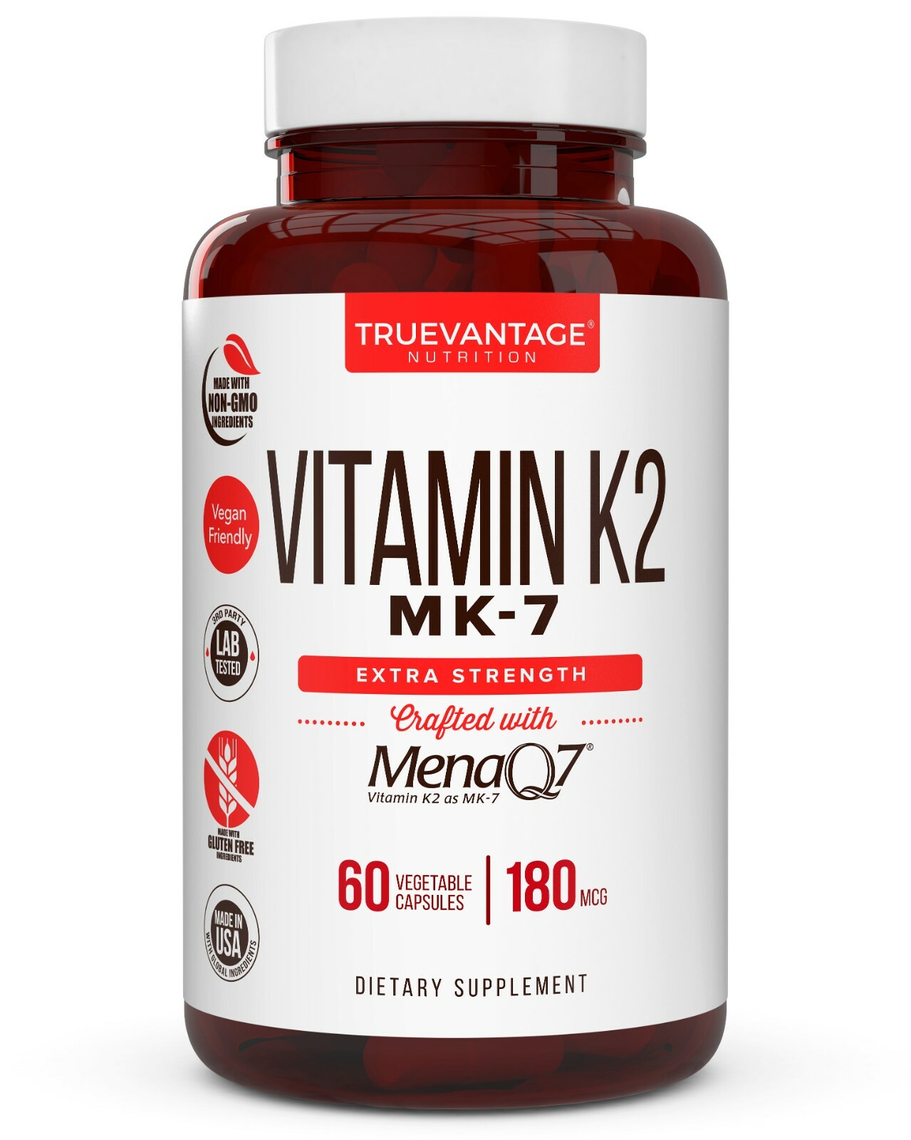Vitamin K2 MenaQ7 Supplement 180mcg -Vitamin K2 MK7 Supports Bone & Heart Health