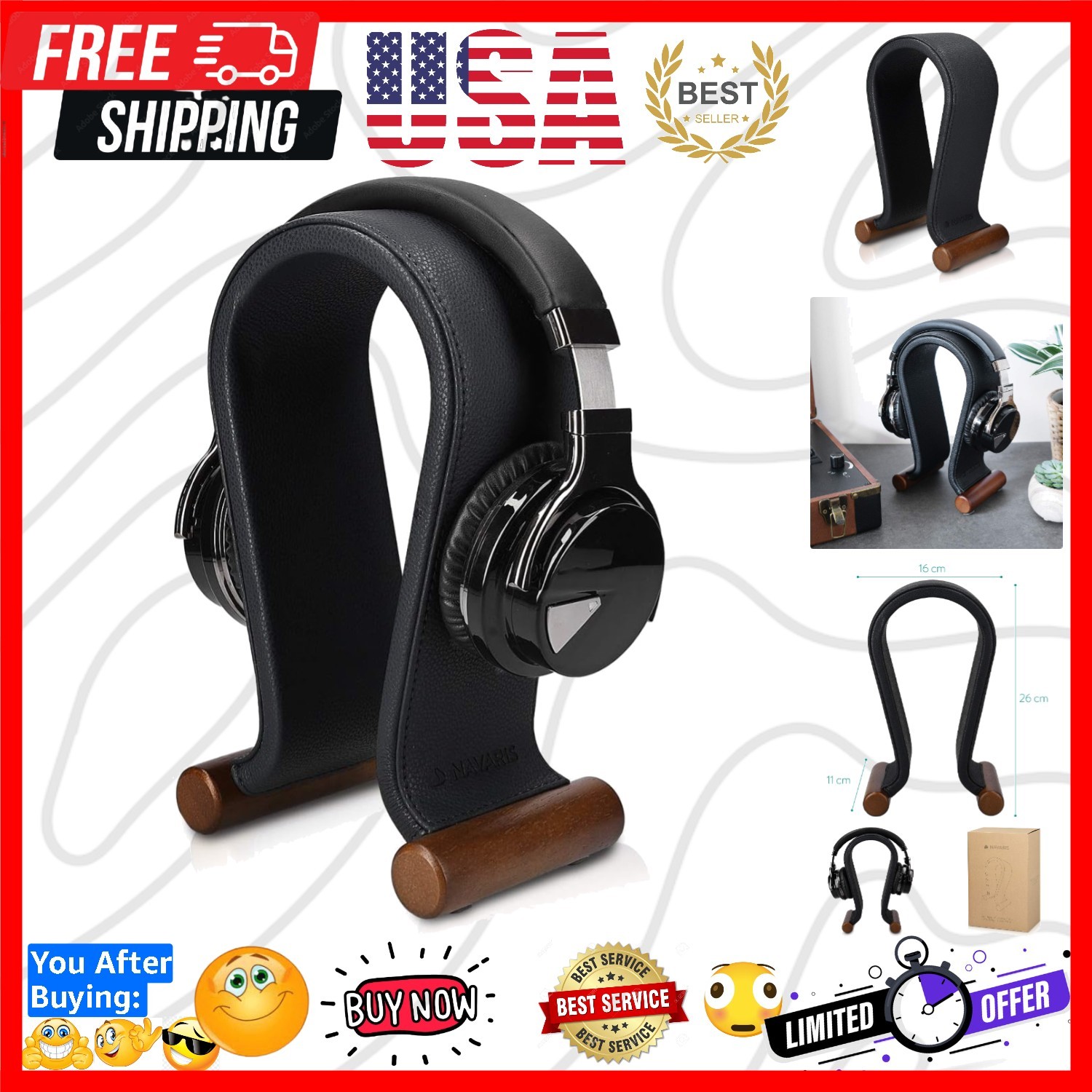 Elegant Omega Headphone Stand - Faux Leather & Wooden Base for All Headsets