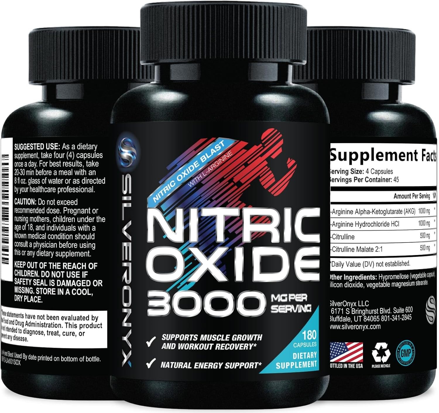 Potenciador de óxido nítrico, energía natural y apoyo muscular, 180 cápsulas