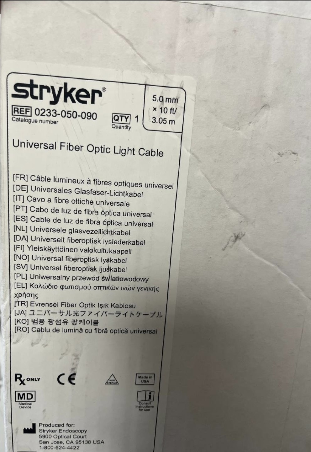 Stryker Fiber Optic Light Cable 5.0mm x 3.05m Universal Endoscopy Light Guide...