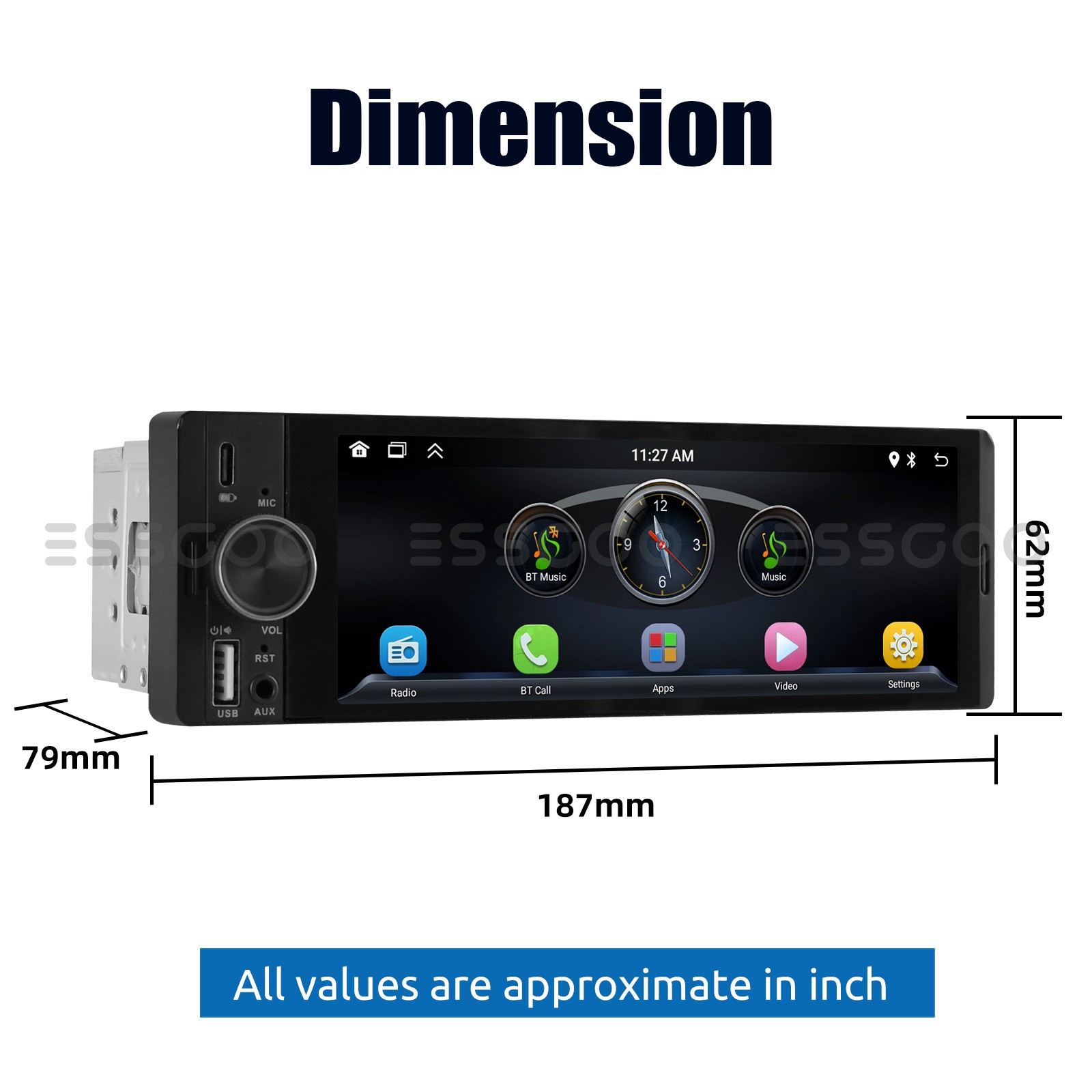 6.36" Single Din Car Stereo Wireless CarPlay Android Auto Radio Bluetooth MP5 FM