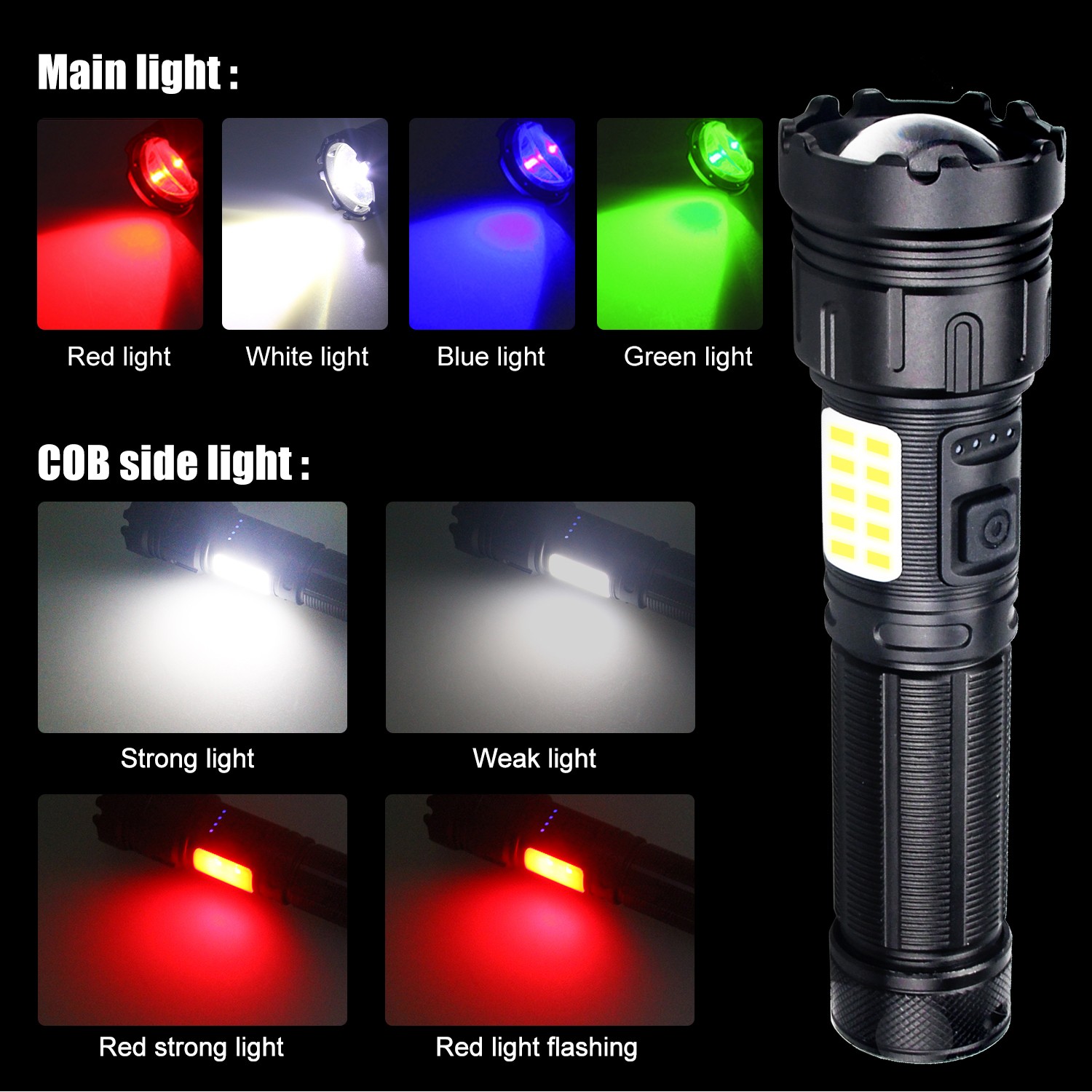 Multicolor LED Flashlight 4 in1Rechargeable White/Red/Green/Blue Hunting Light