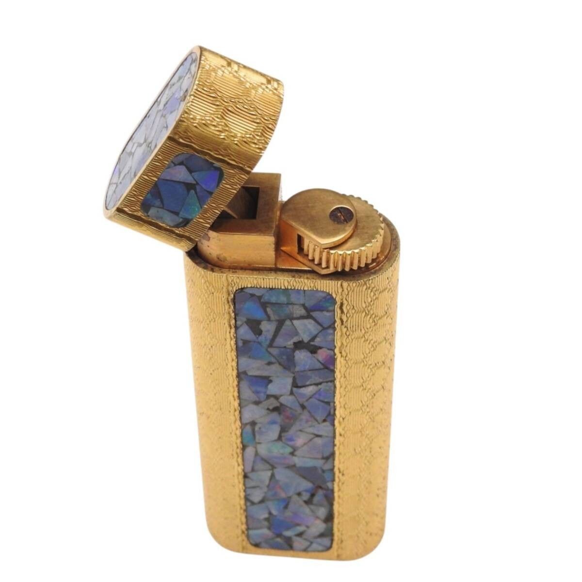 Cartier Mosaic Opal Gas Lighter Gold Rotary Flare Ignition Verified