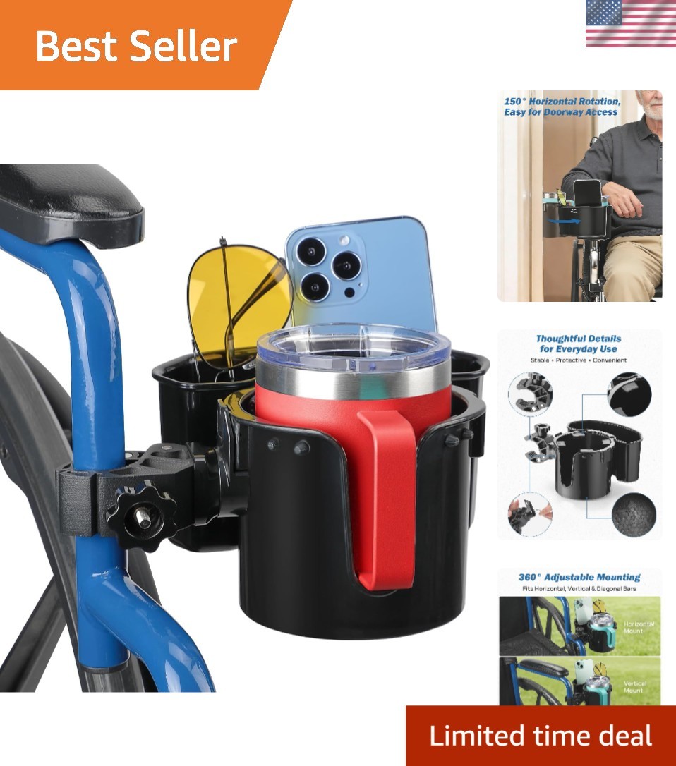 Wheelchair Cup Holder, 2-in-1 Walker Cup Holder with 6.4'' Large Storage Box,...