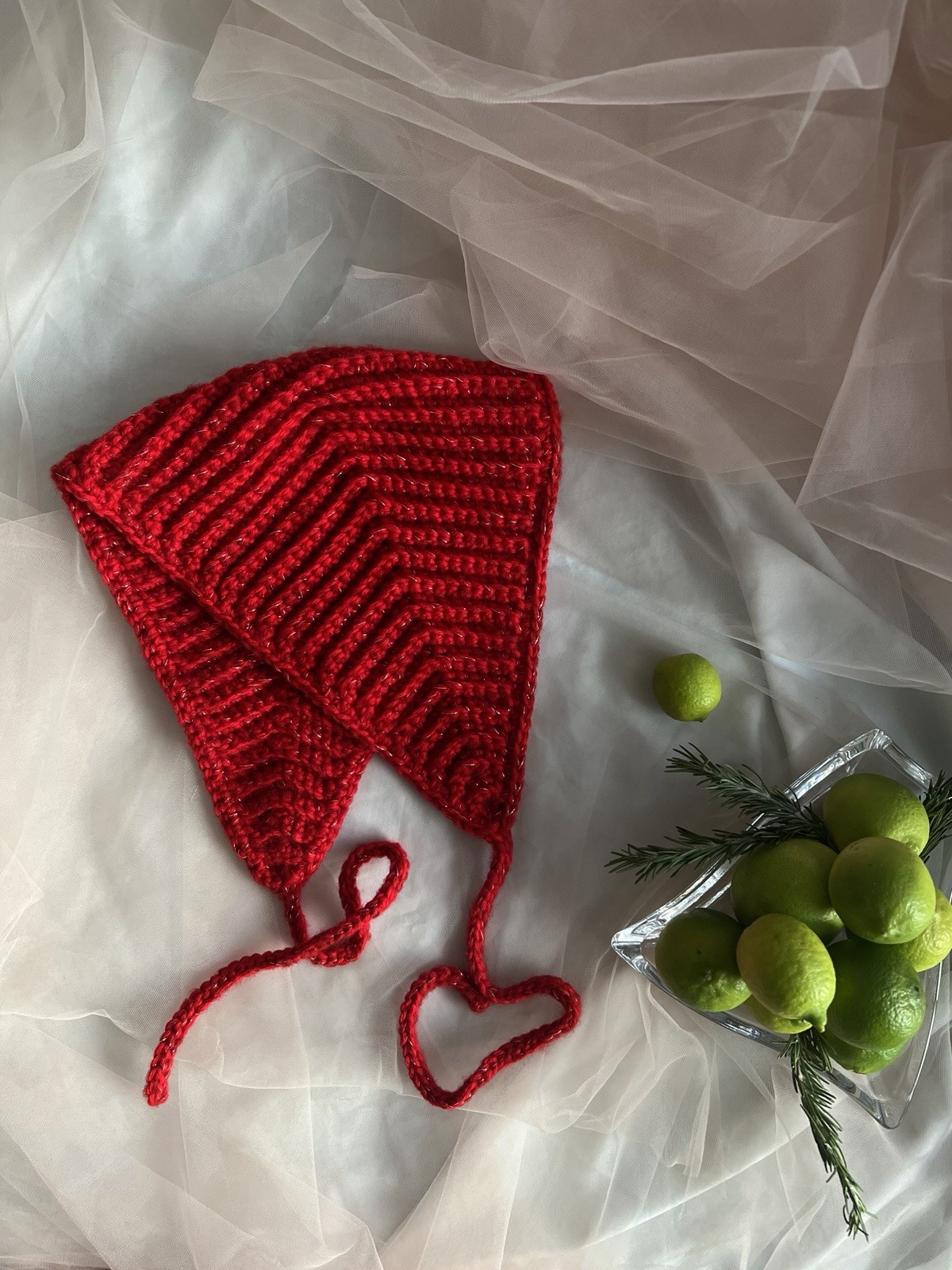 Red Crochet Bonnet with Gold Lurex  Handmade Mohair and Acrylic Vintage inspired