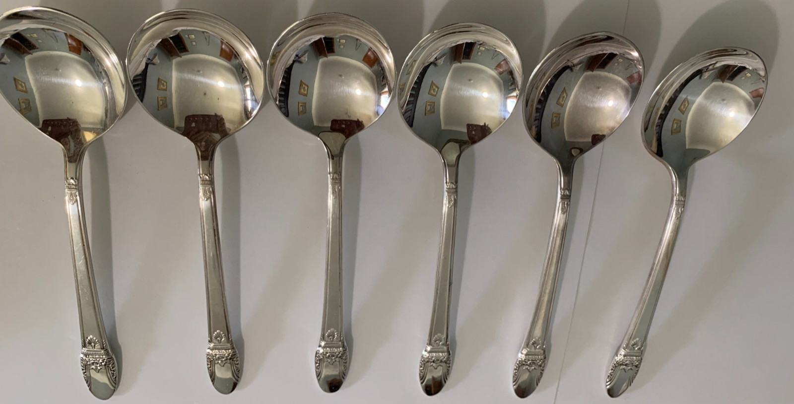 1847 Rogers Bros 6 FIRST LOVE Gumbo Round Bowl Soup Spoons 7" Silverplate IS VGC