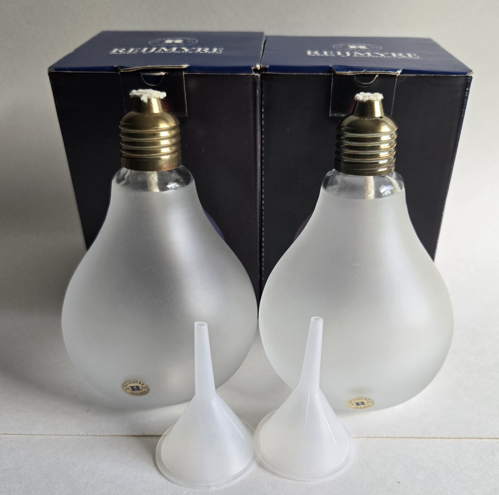 2 SET NEW BOXED REIJMYRE SWEDEN MID-CENTURY LIGHT BULB FROSTED GLASS OIL LAMP