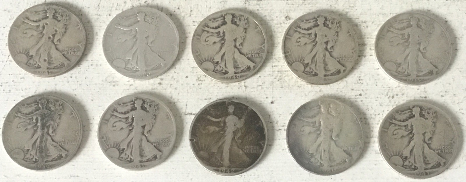 10 Coin Walking Liberty Half Dollar Lot 90% Silver Cull Slick $5 FV 1/2 Roll ES