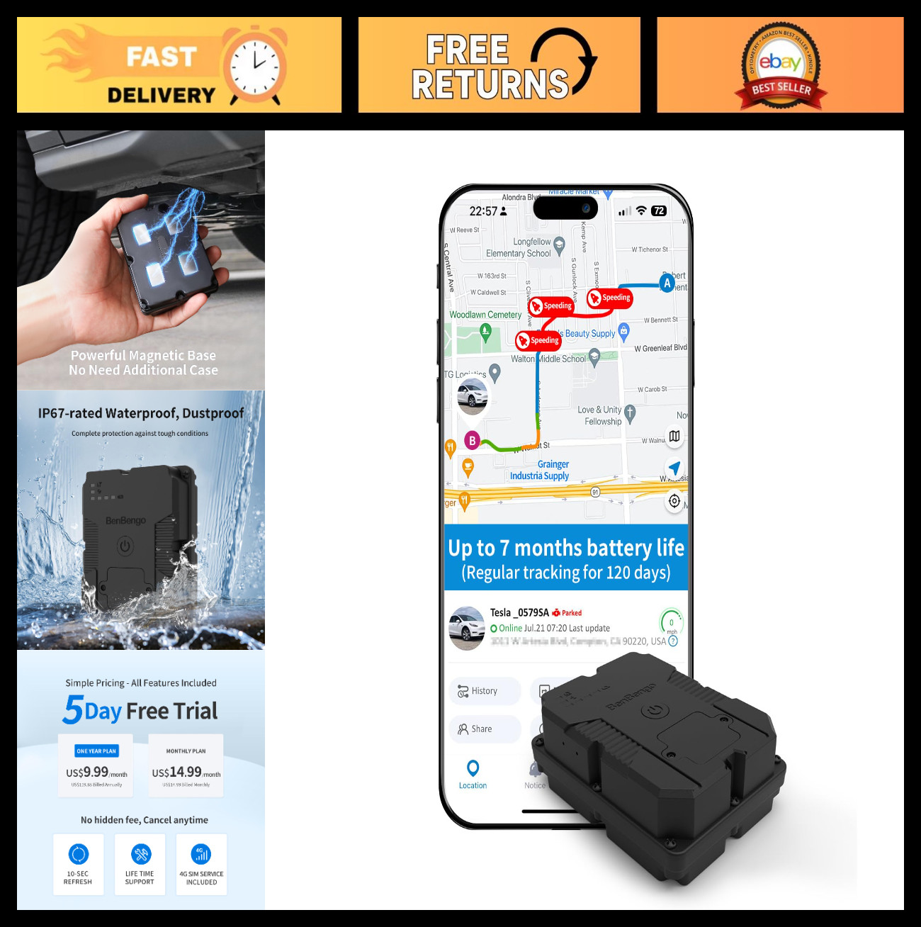 Magnetic GPS Vehicle Tracker - Hidden Car & Trailer Device, Real-Time, Waterproo