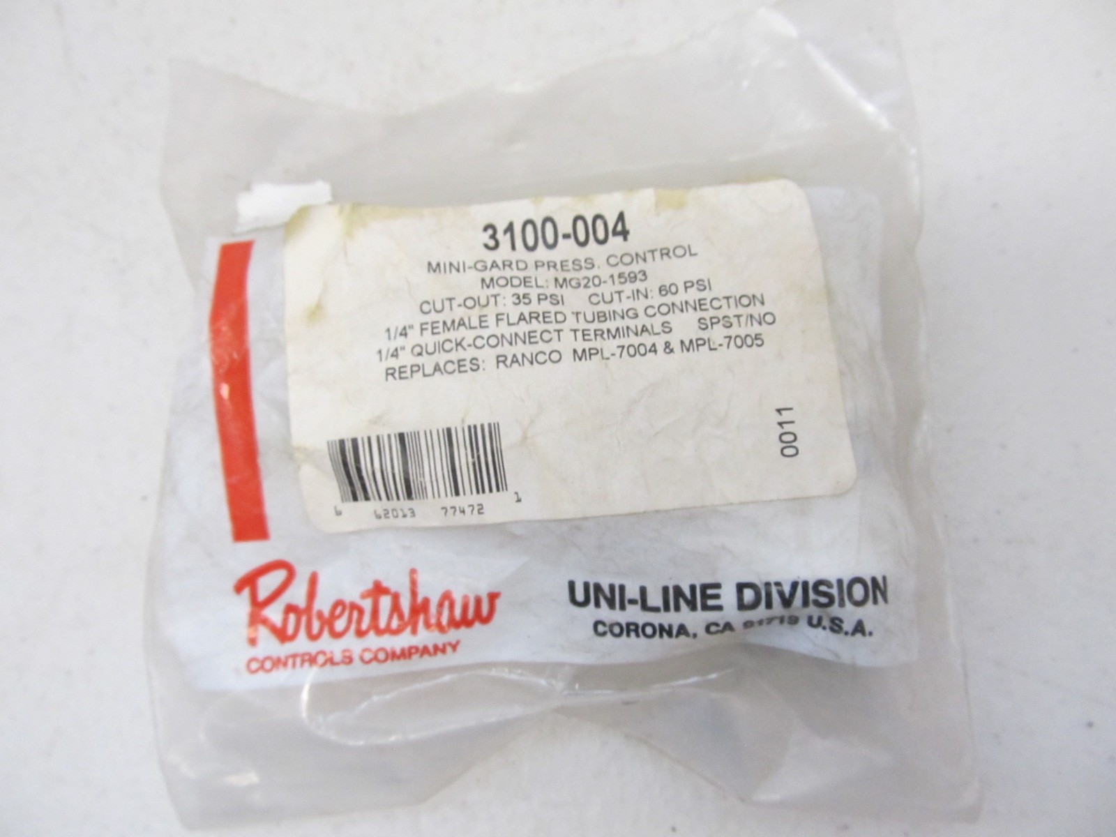 Pressure Control Switch 3100-004 Robertshaw New in Pkg