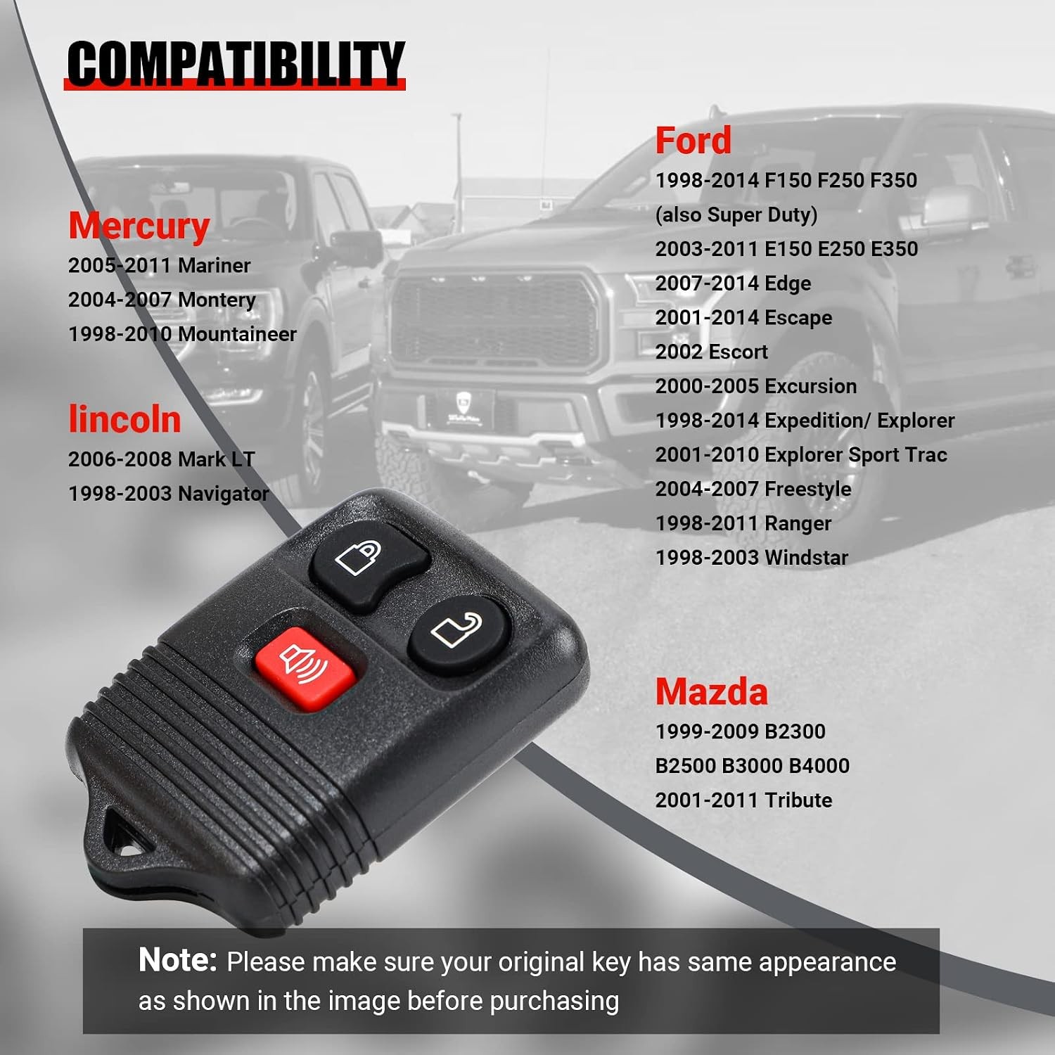 2 Packs 3 Button Replacement Keyless Entry Remote Key Fob Compatible with Ford