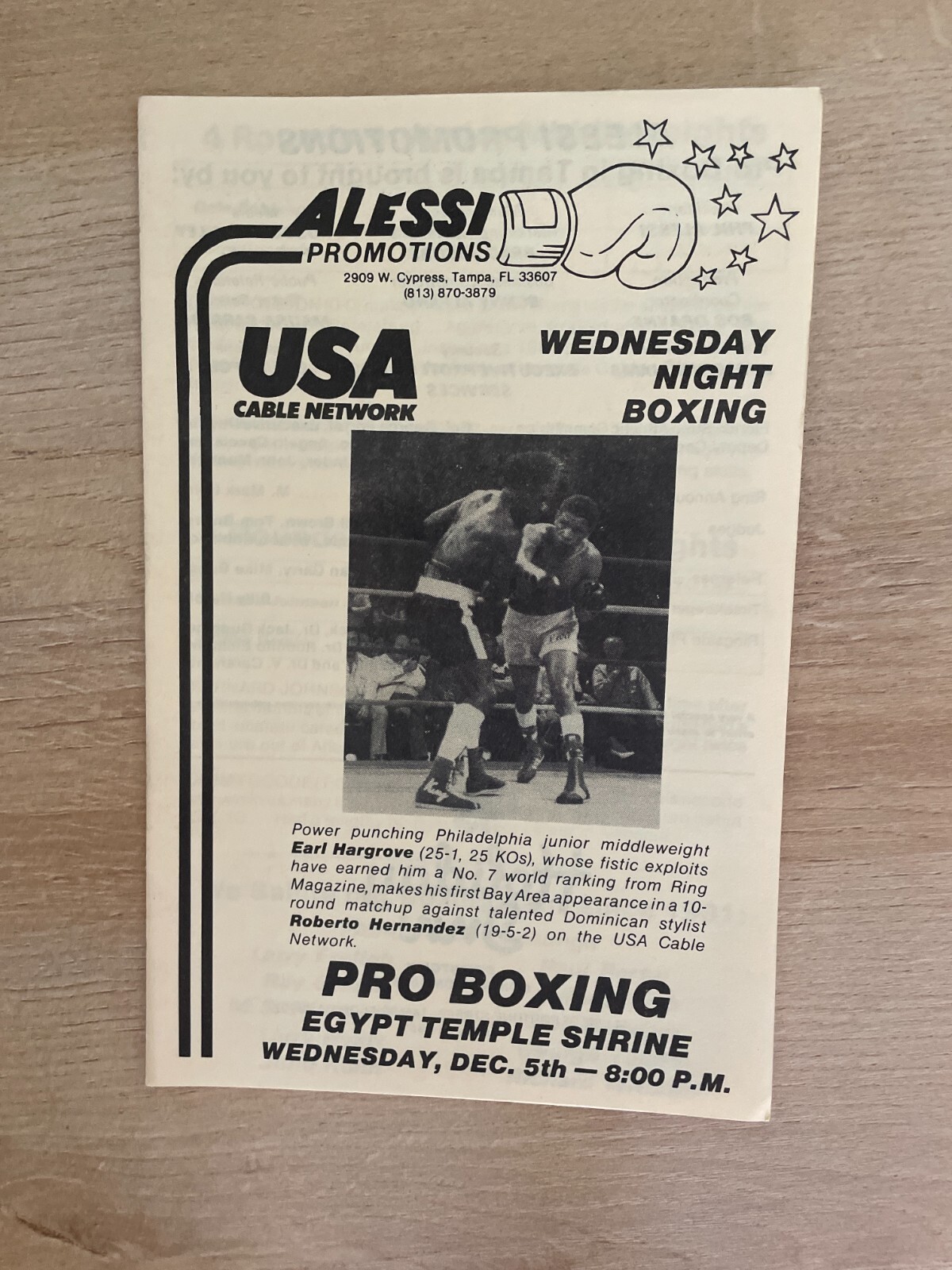 Vintage Alessi Promotions Pro Boxing Hargrove Vs. Hernandez Program B1513