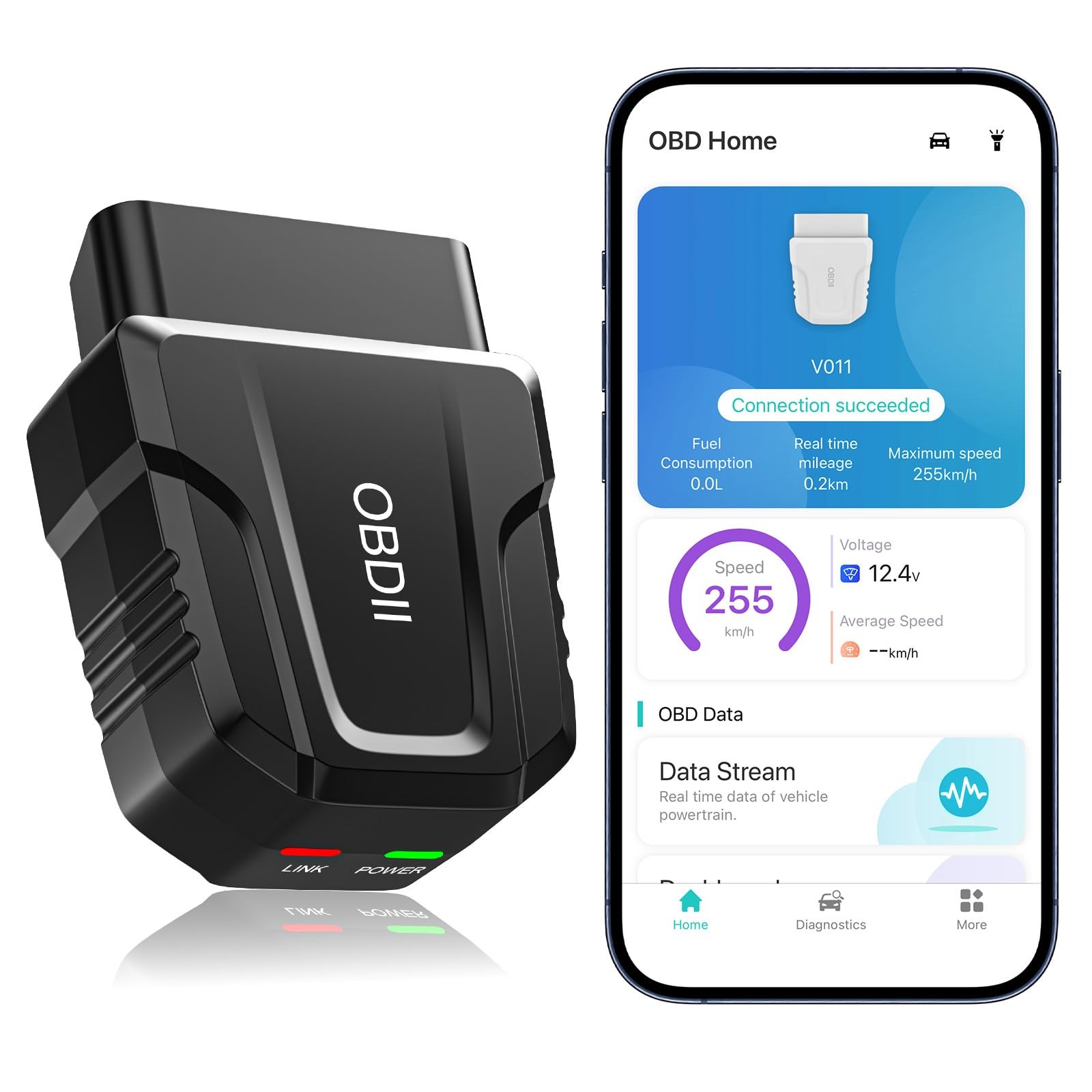 OBD2 Scanner Diagnostic Tool, Car for iOS & Android, Bluetooth black