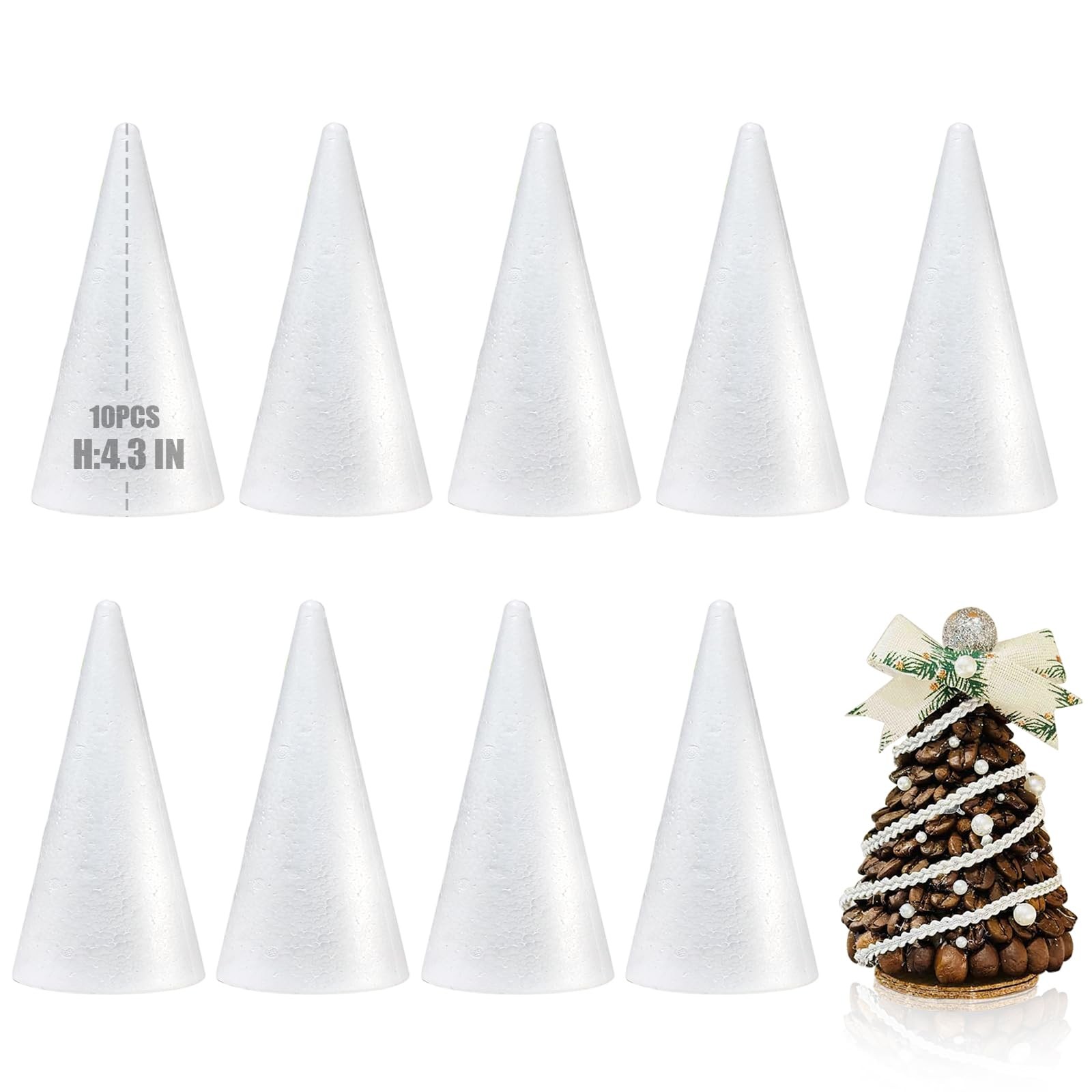 10 Pack Styrofoam Cones for Craft, 4.3x2.2in Craft Foam 4.3*2.2in-10pc, White