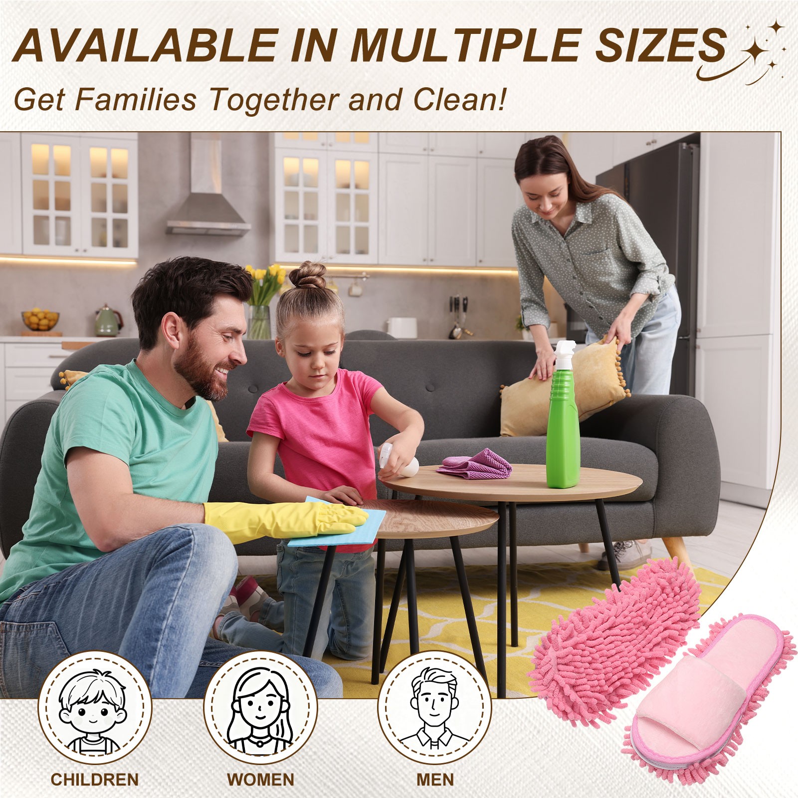 Microfiber Mop Slippers for Floor Cleaning, Large Size 11.2", Pink