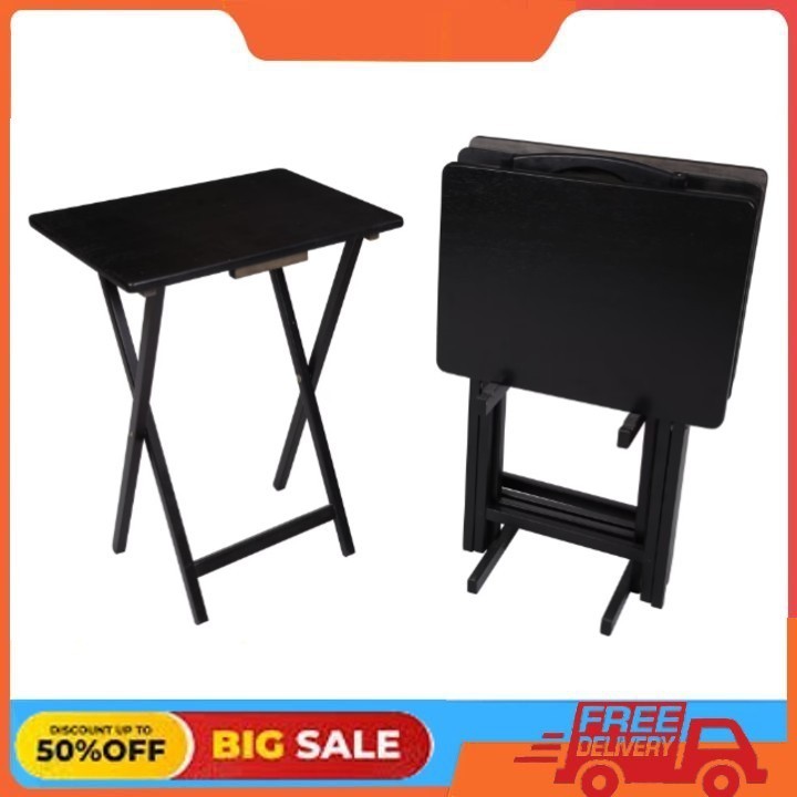 Mainstays 4-Piece Black Rubberwood Indoor Folding TV Tray Table Set Storage Rack