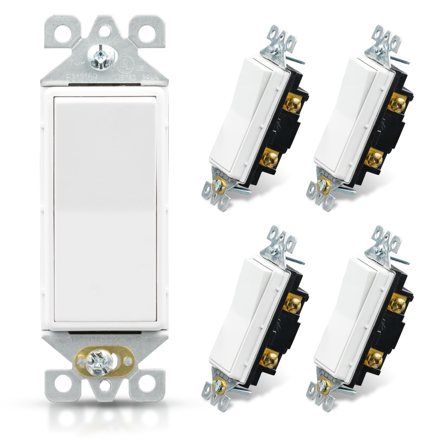 5 Pack Decorator Light Switch Single Pole Rocker Paddle 15A 120V 277V White UL