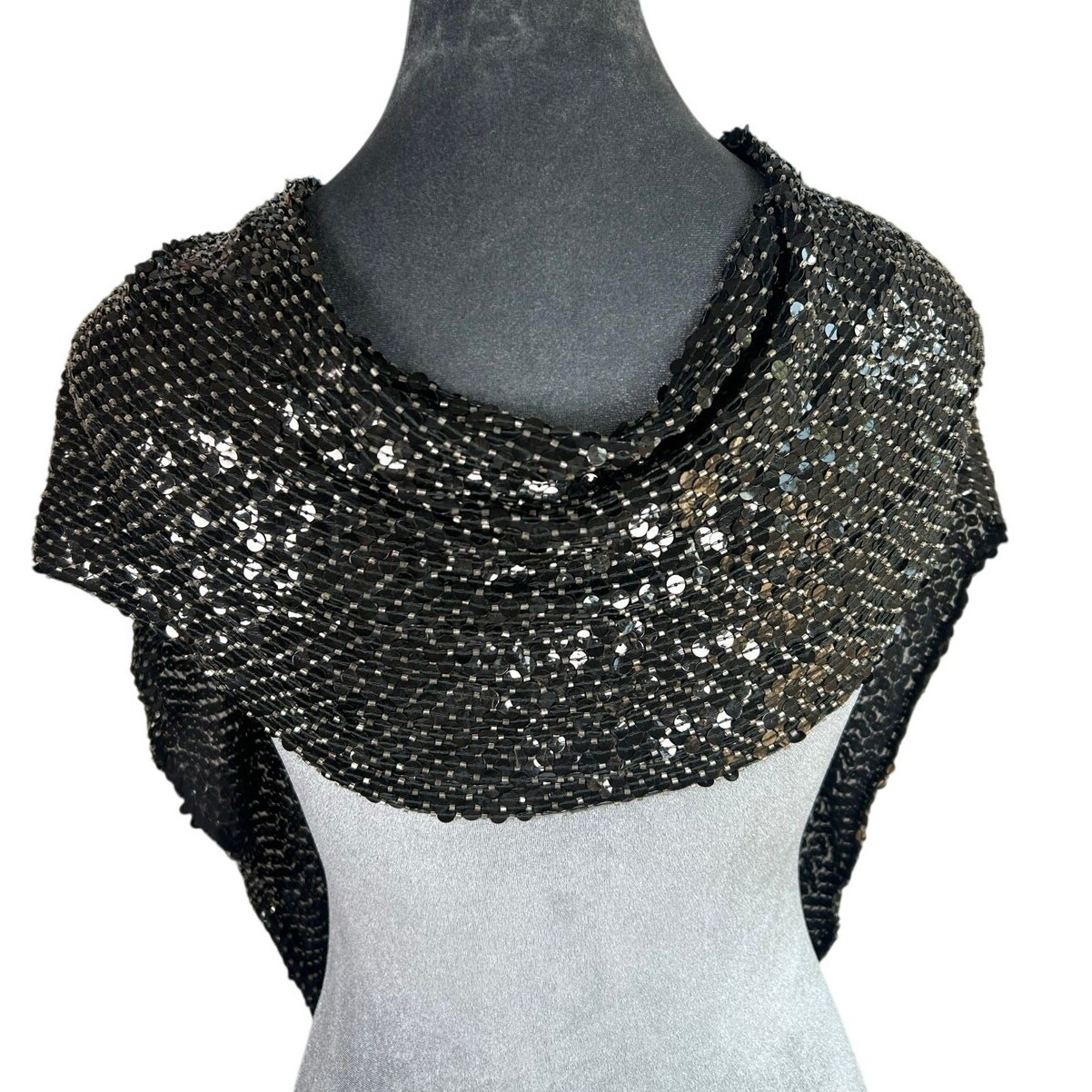 Vtg Clear Bead Sequin Neck Scarf- prom- formal Glam showgirl Disco- 50x8.5"