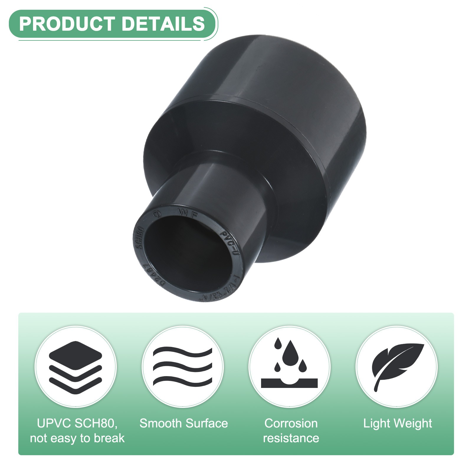 1-Pack UPVC Reducer Pipe Fitting, 1-1/2"*3/4" Reducing Coupling Connector, Grey