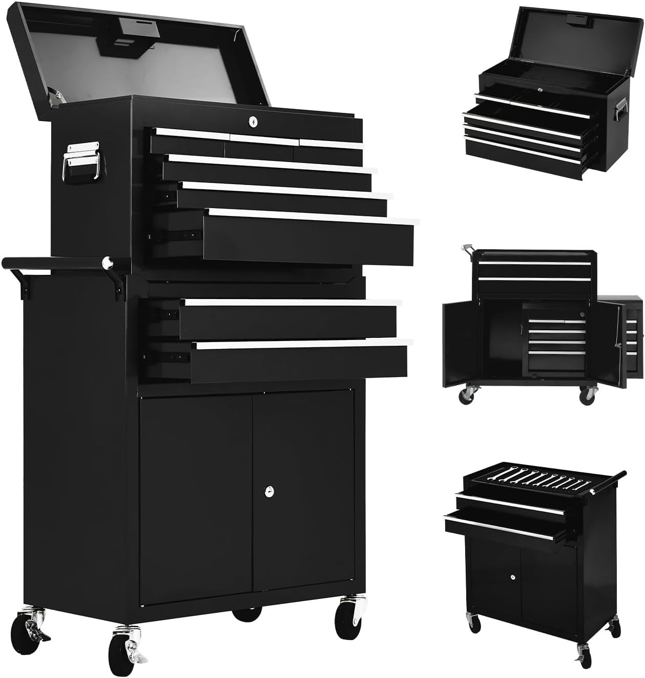 8 Drawer Rolling Tool Chest with Wheels Lockable Cabinet Garage Storage Black