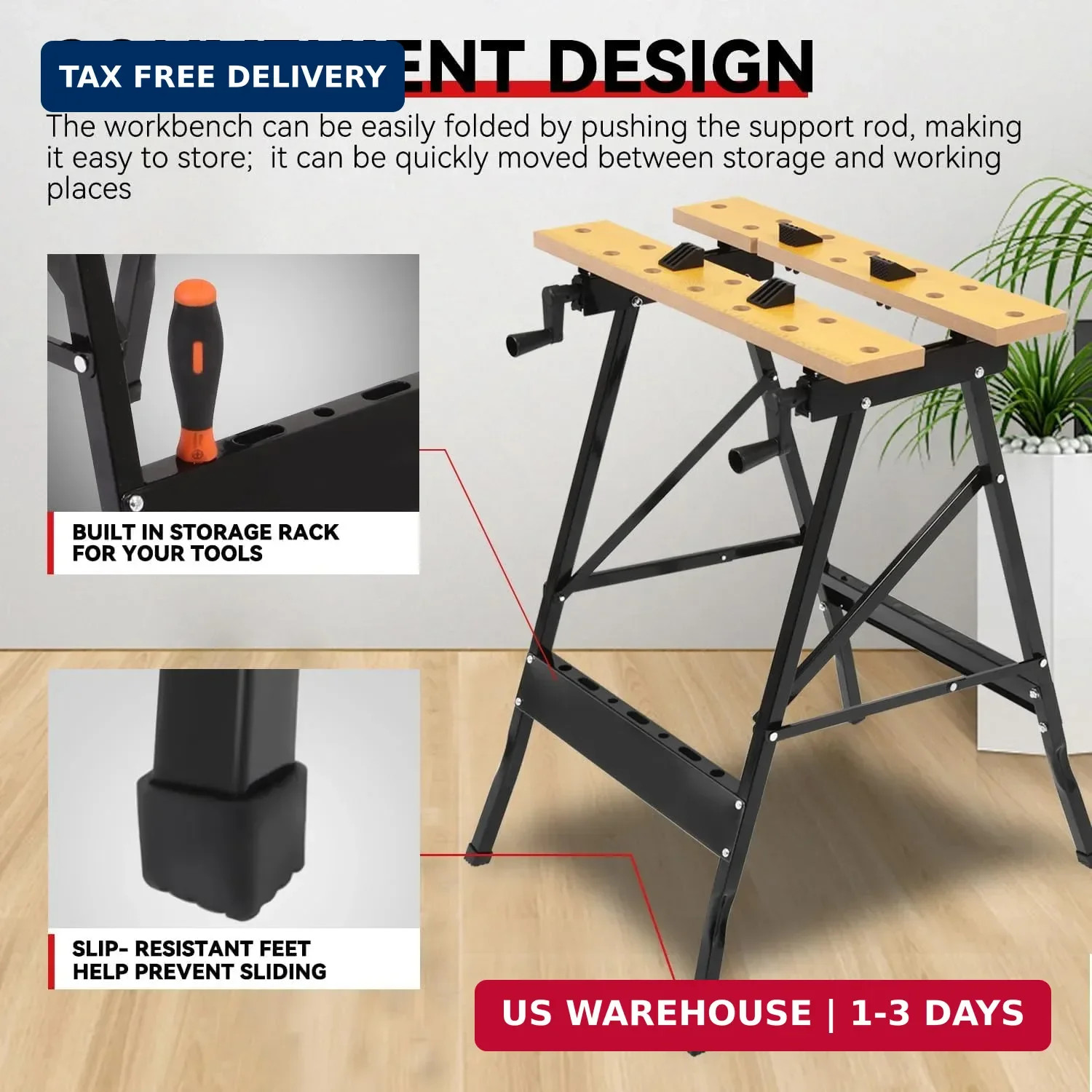 Folding Workbench w/Vise, 8-12" Adjustable Height, Portable | Built