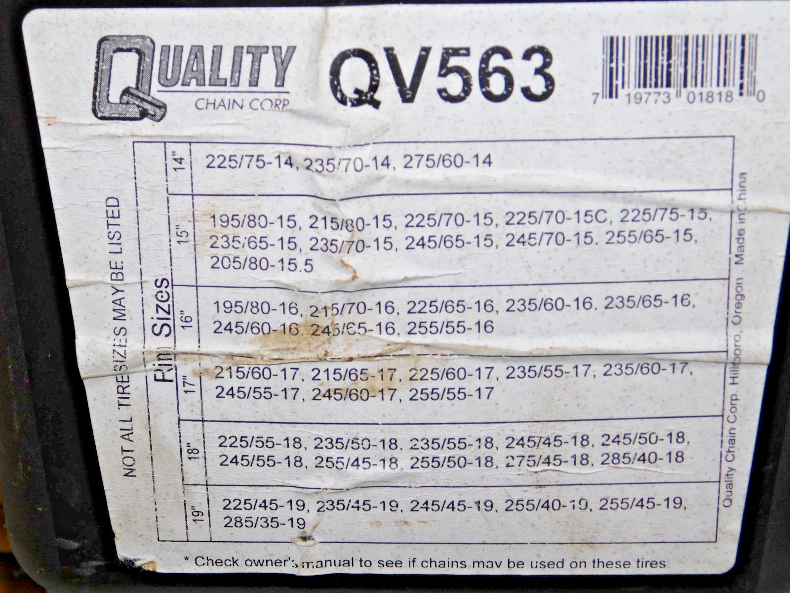 QV563 High VOLT Diagonal Cable Premium Tire Chains - Never Used