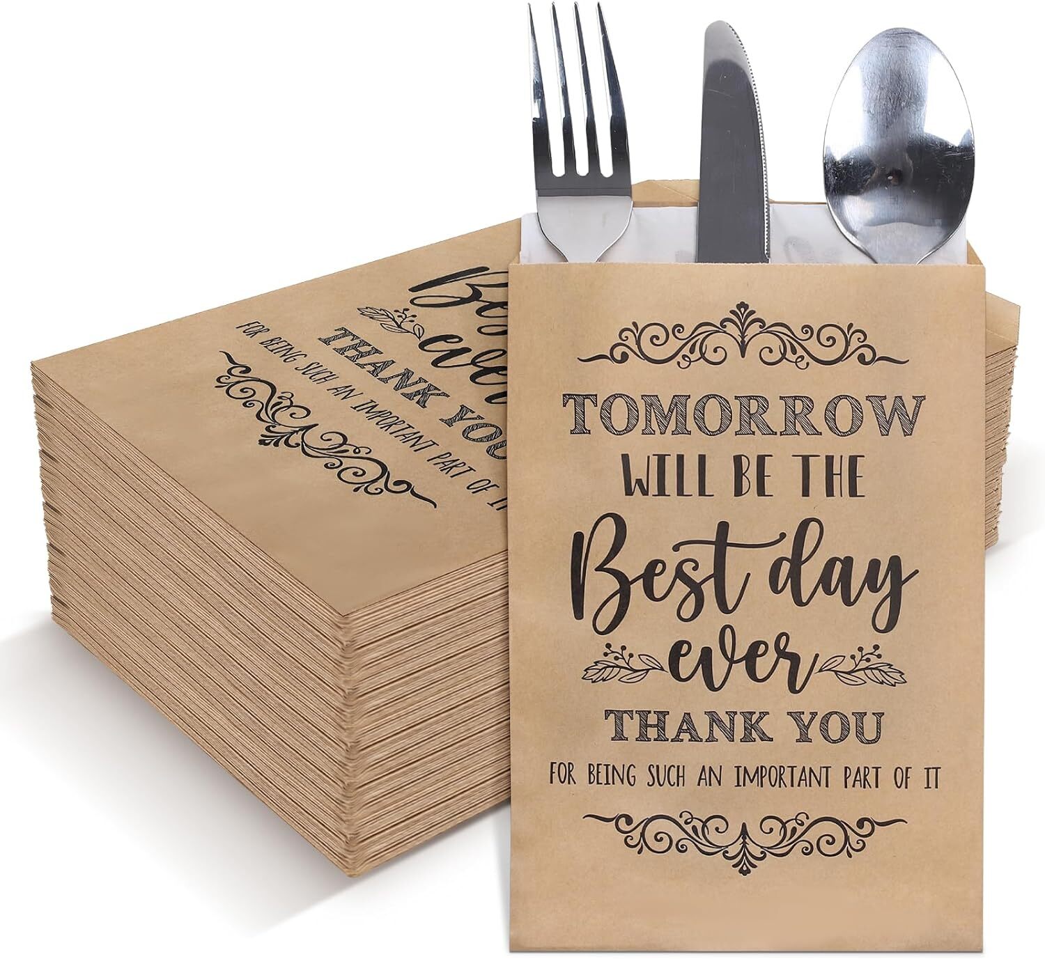 Whaline 100Pcs Wedding Silverware Bags 5 x 7 Inch Rustic One Size, Brown
