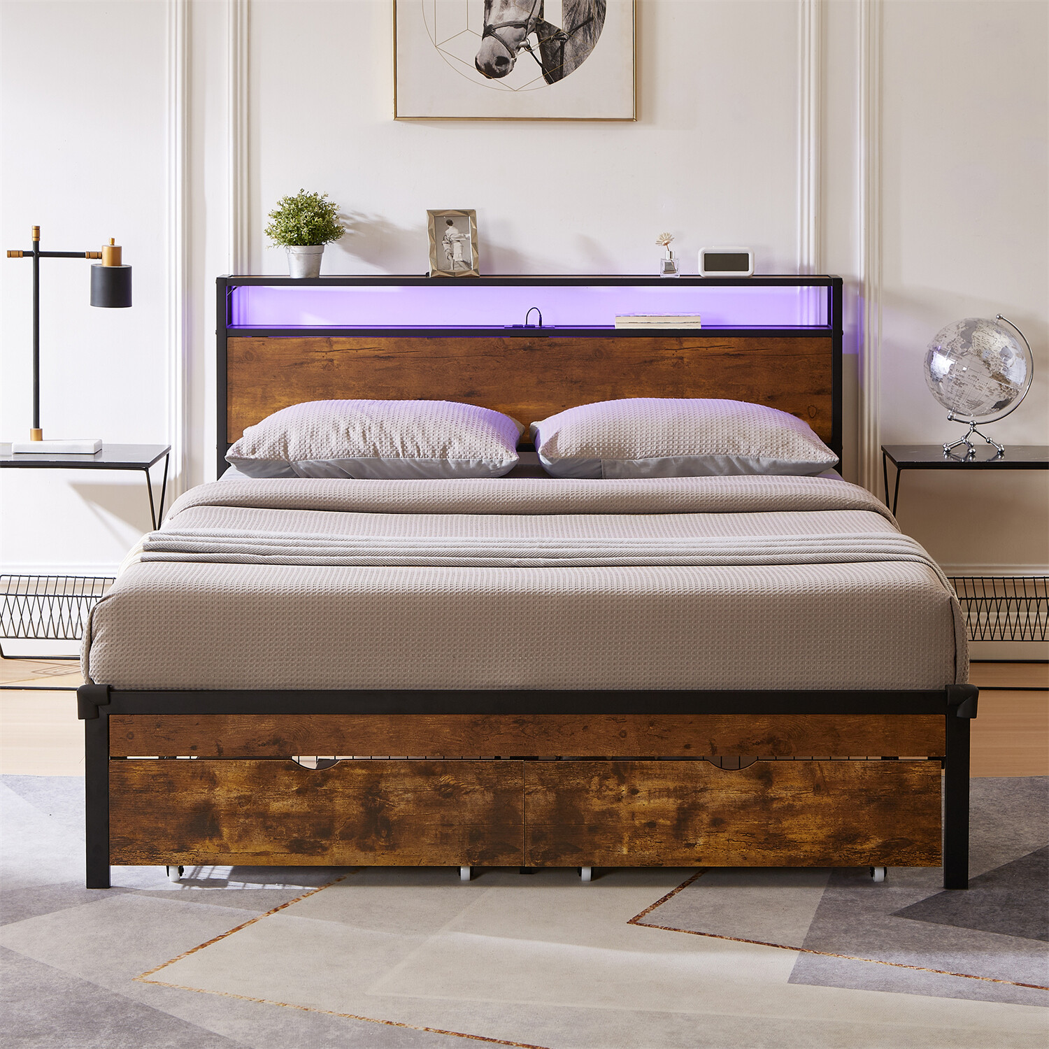 Full/Queen/King Size Bed Frame Metal Platform Bed with Charging Station US